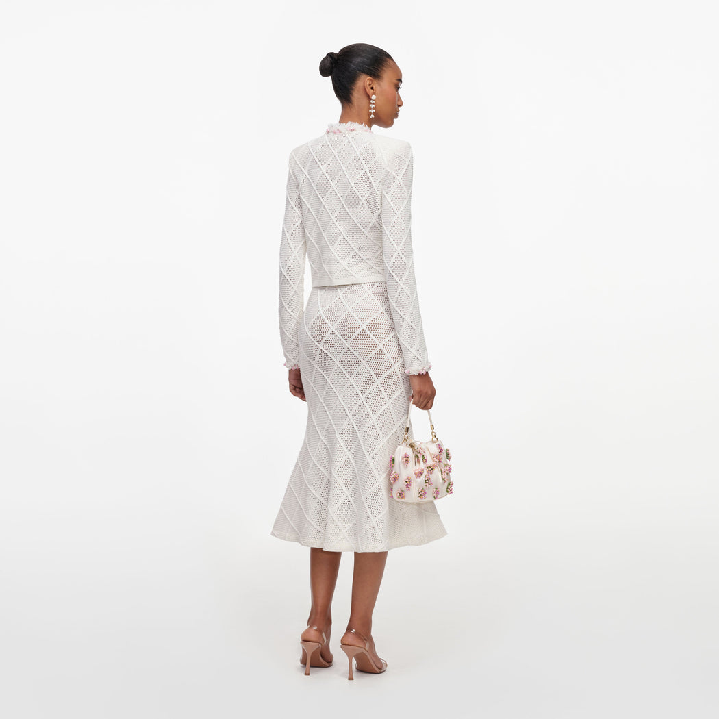 Cream Fringe Knit Midi Skirt