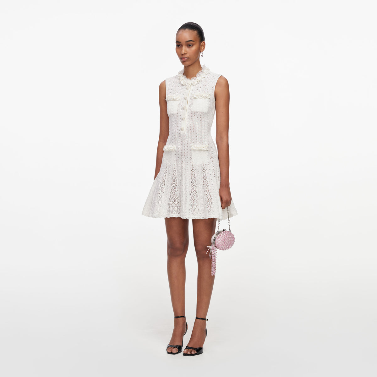 White Flower Trim Knit Mini Dress