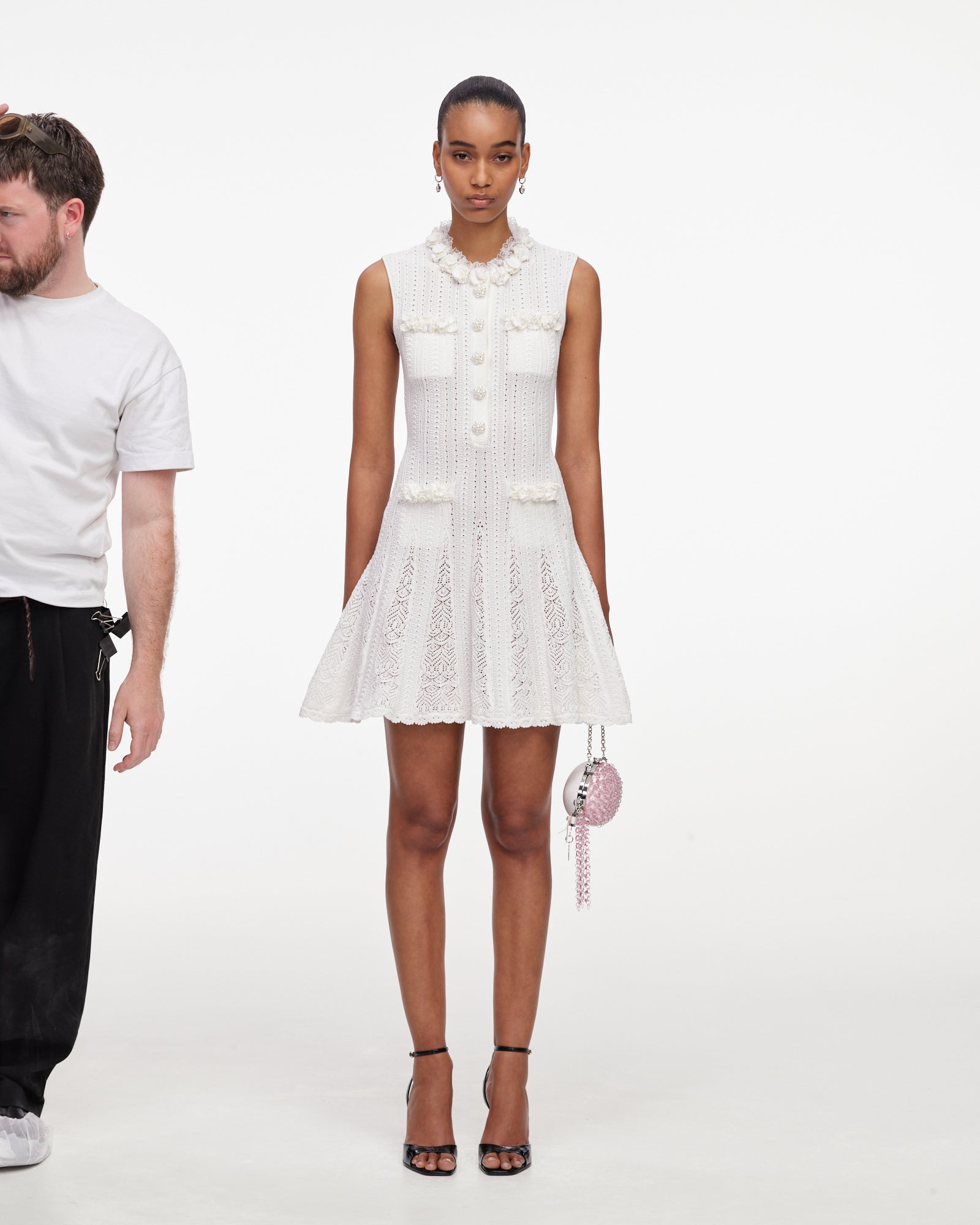 White Flower Trim Knit Mini Dress
