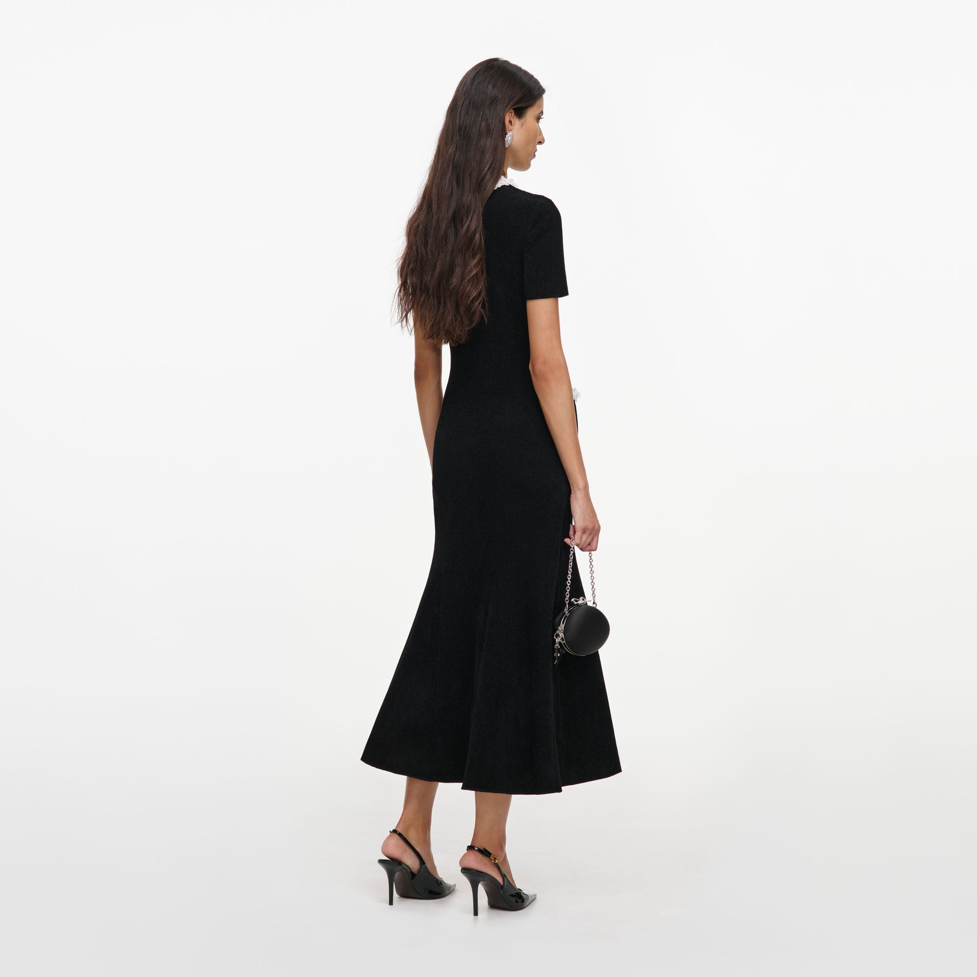 Black Chenille Knit Flower Trim Midi Dress
