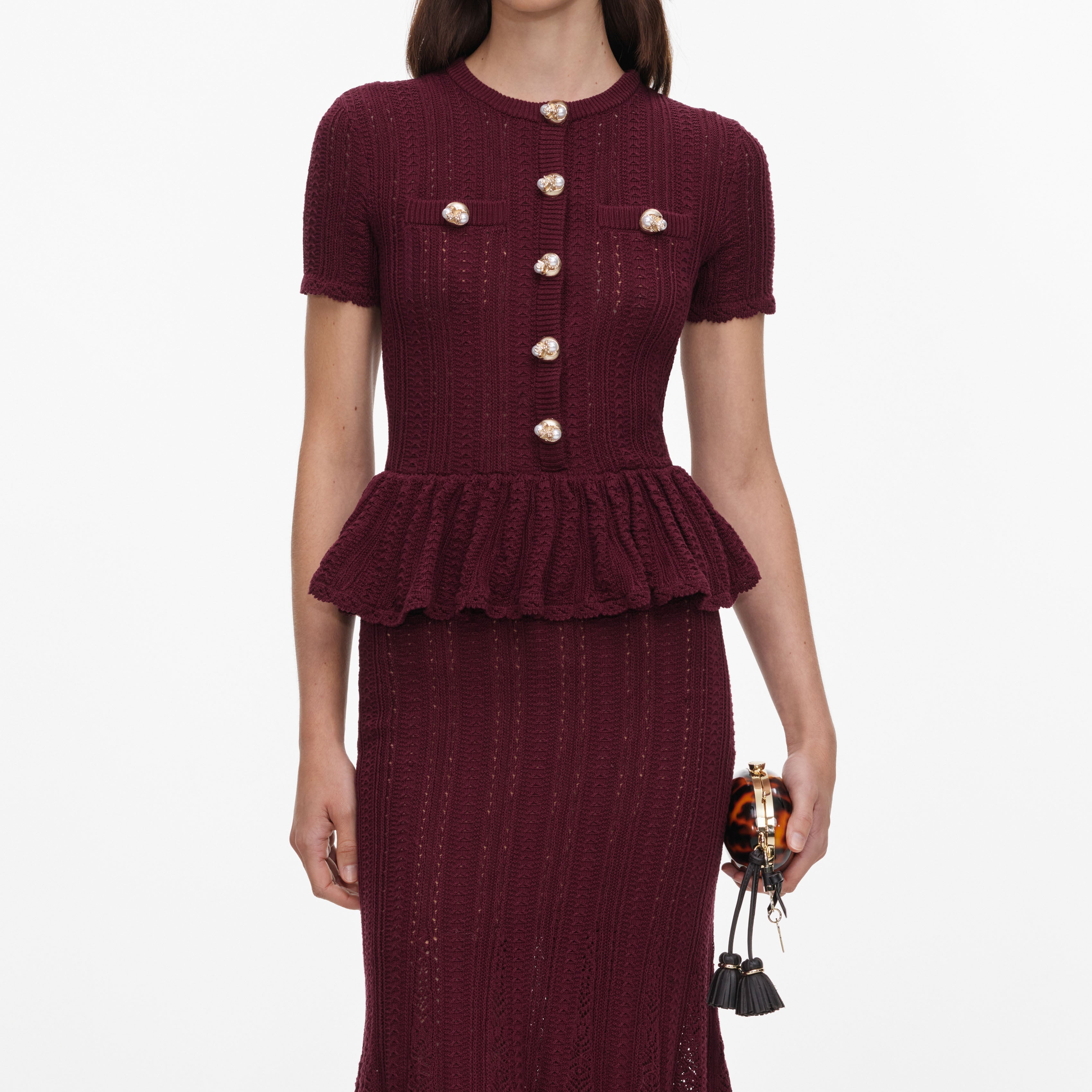 Burgundy Pointelle Peplum Knit Midi Dress