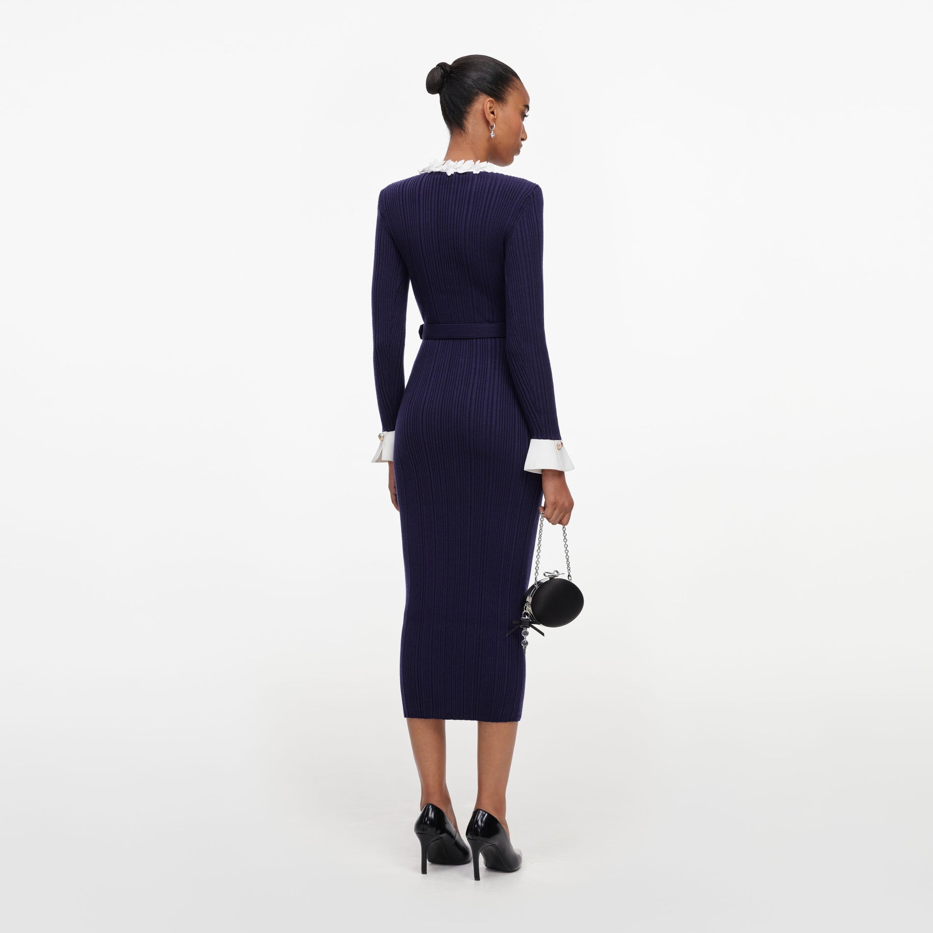 Navy Flower Rib Knit Midi Dress