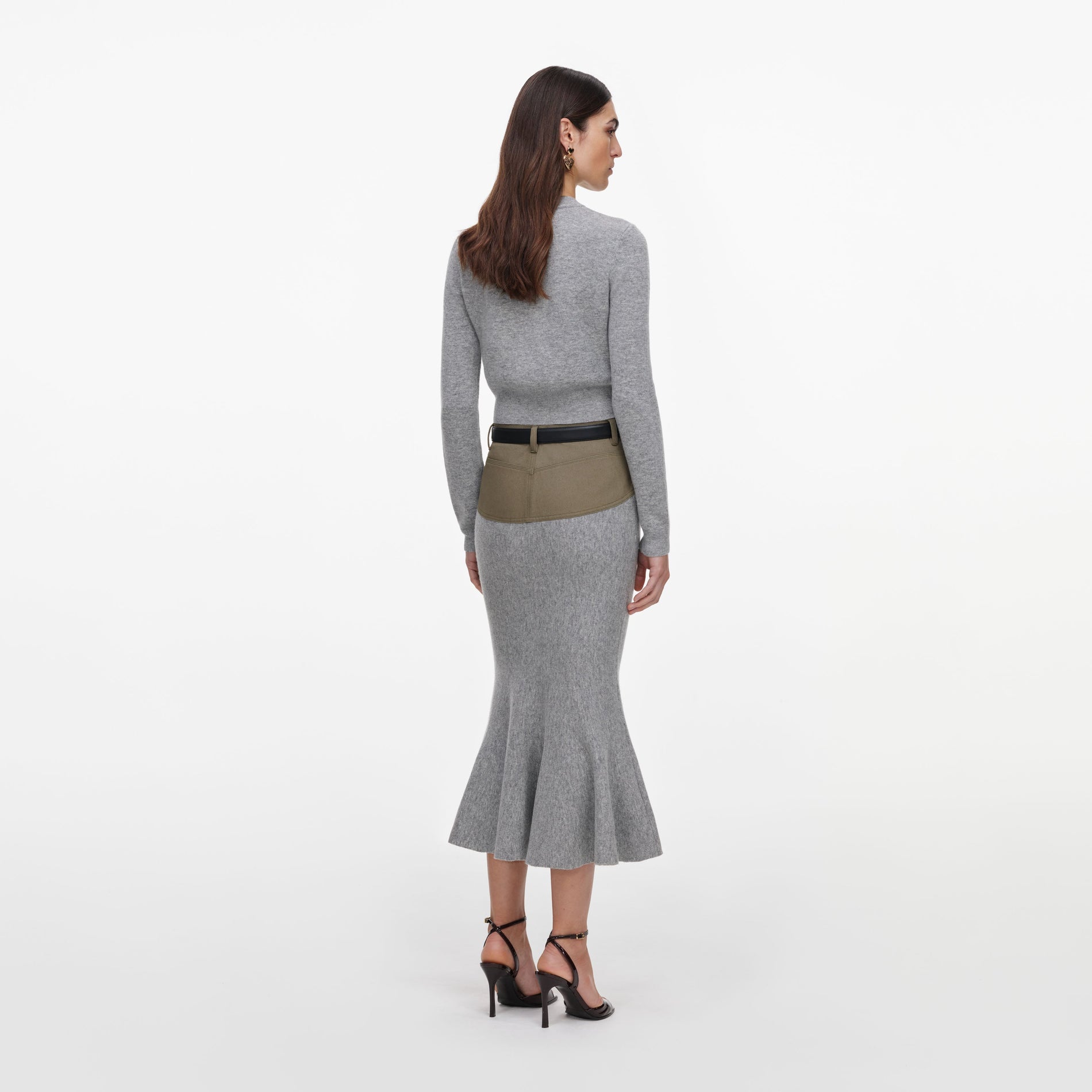 Grey Knit Khaki Denim Insert Midi Skirt