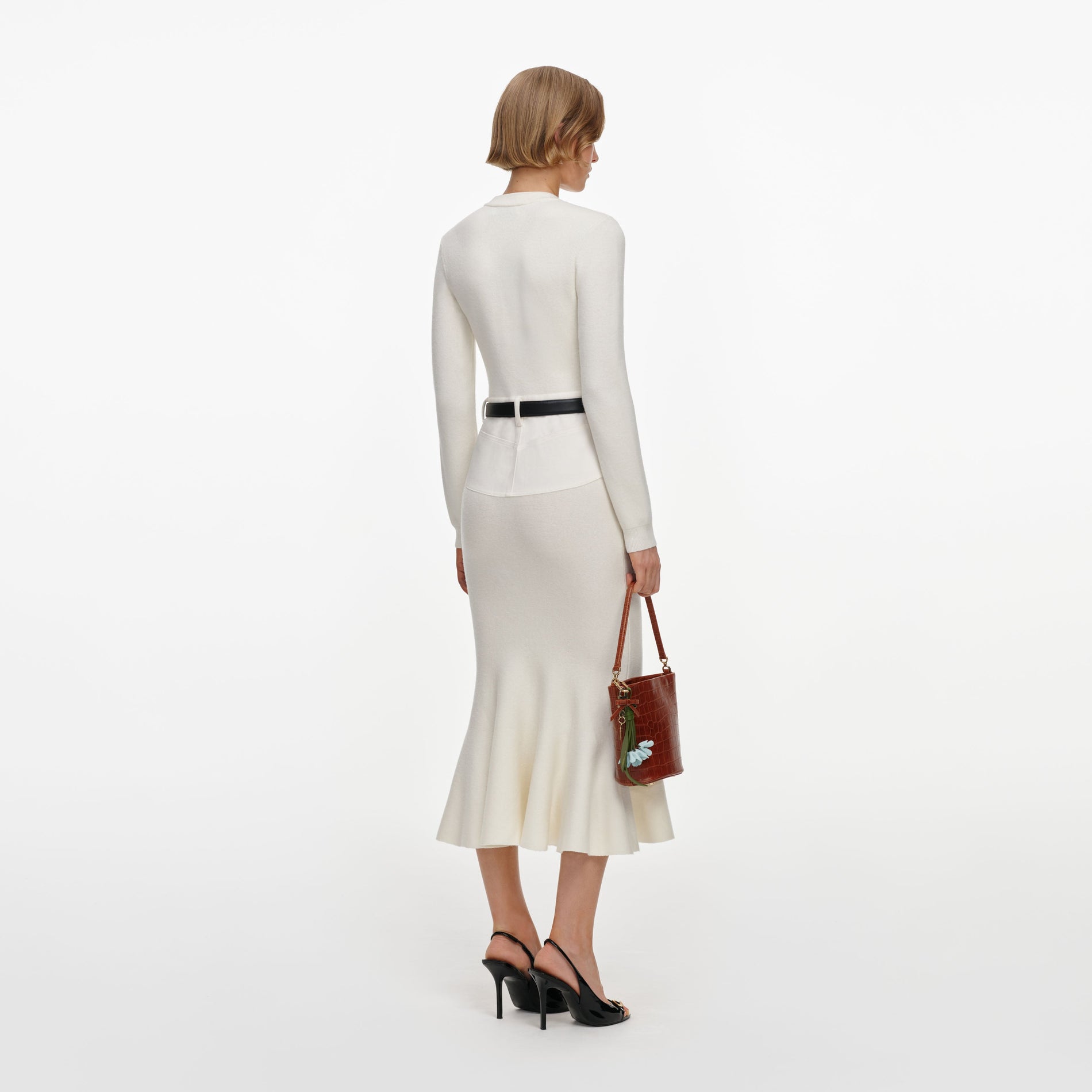 Cream Knit Denim Insert Midi Dress