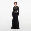 Black Pointelle Knit Embellished Maxi Dress