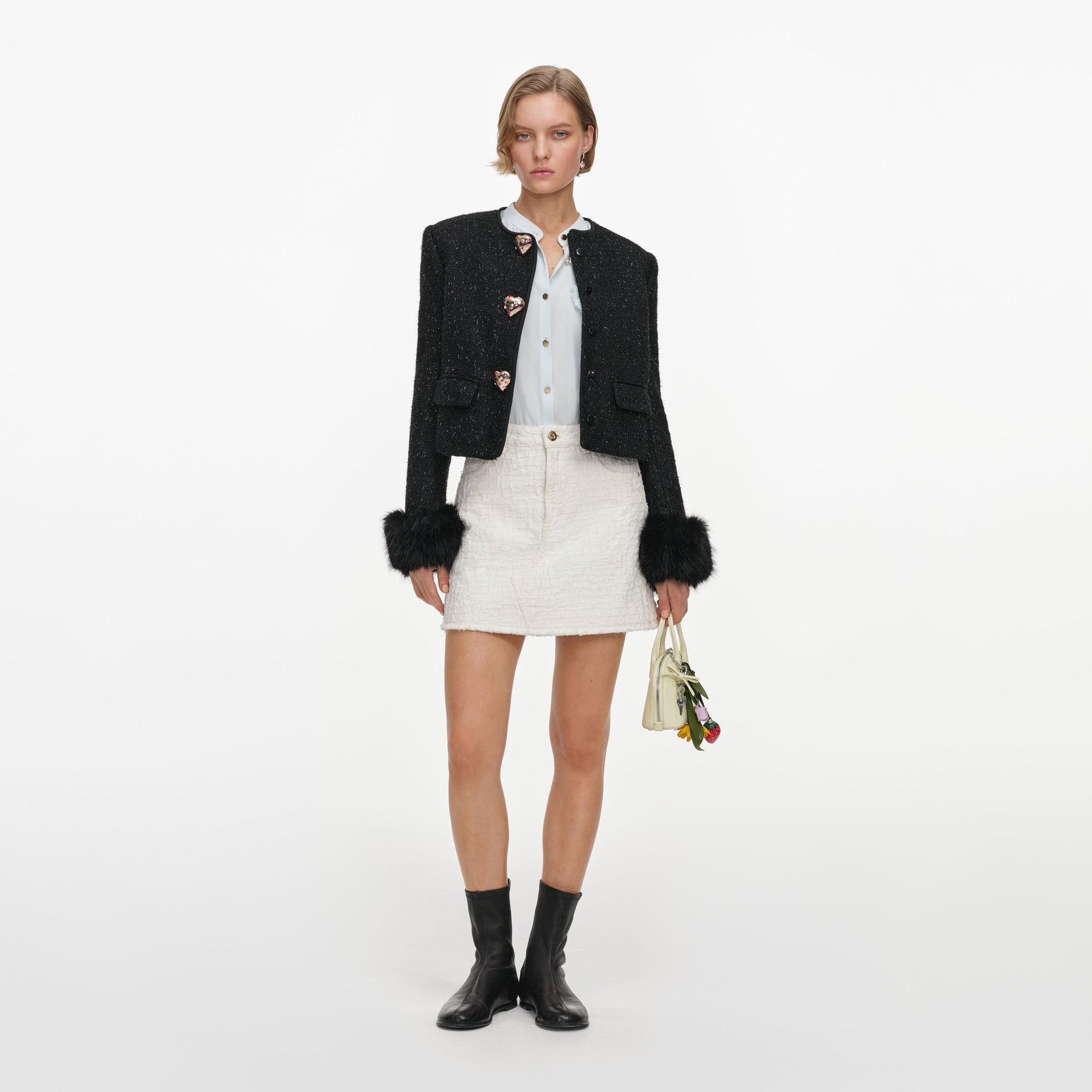 Black Metallic Boucle Fur Cuff Jacket