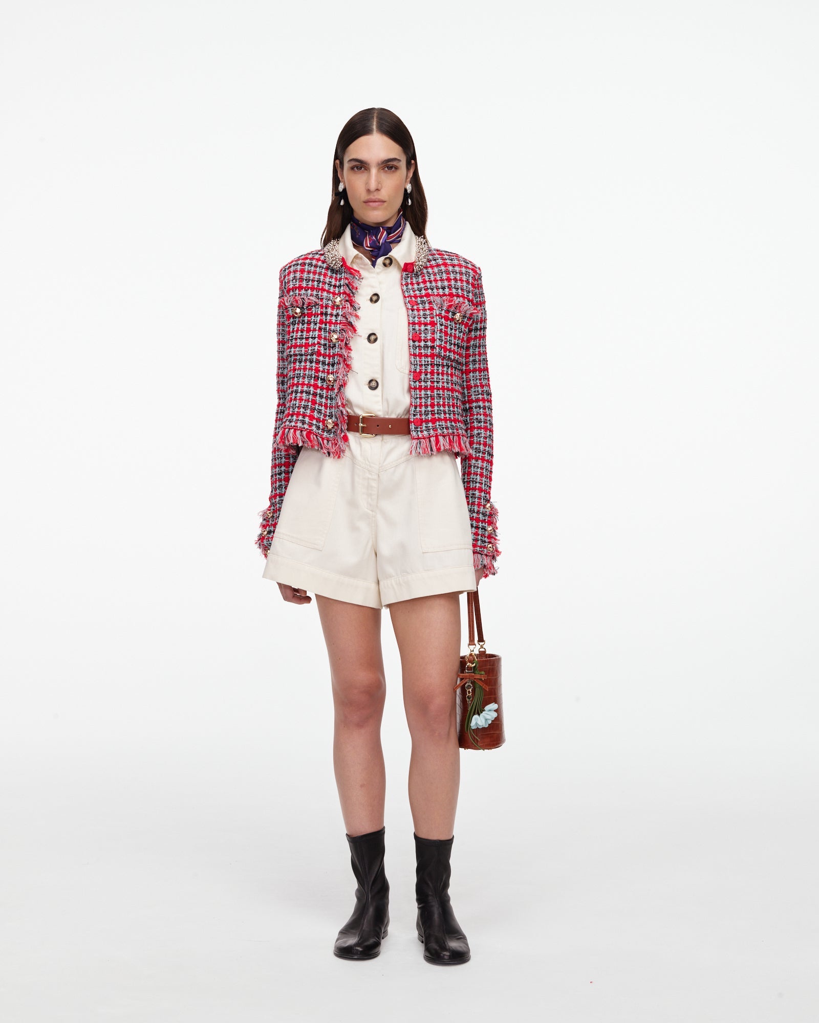 Red Check Frayed Knit Jacket