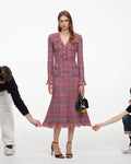 Red Check Frayed Knit Midi Dress