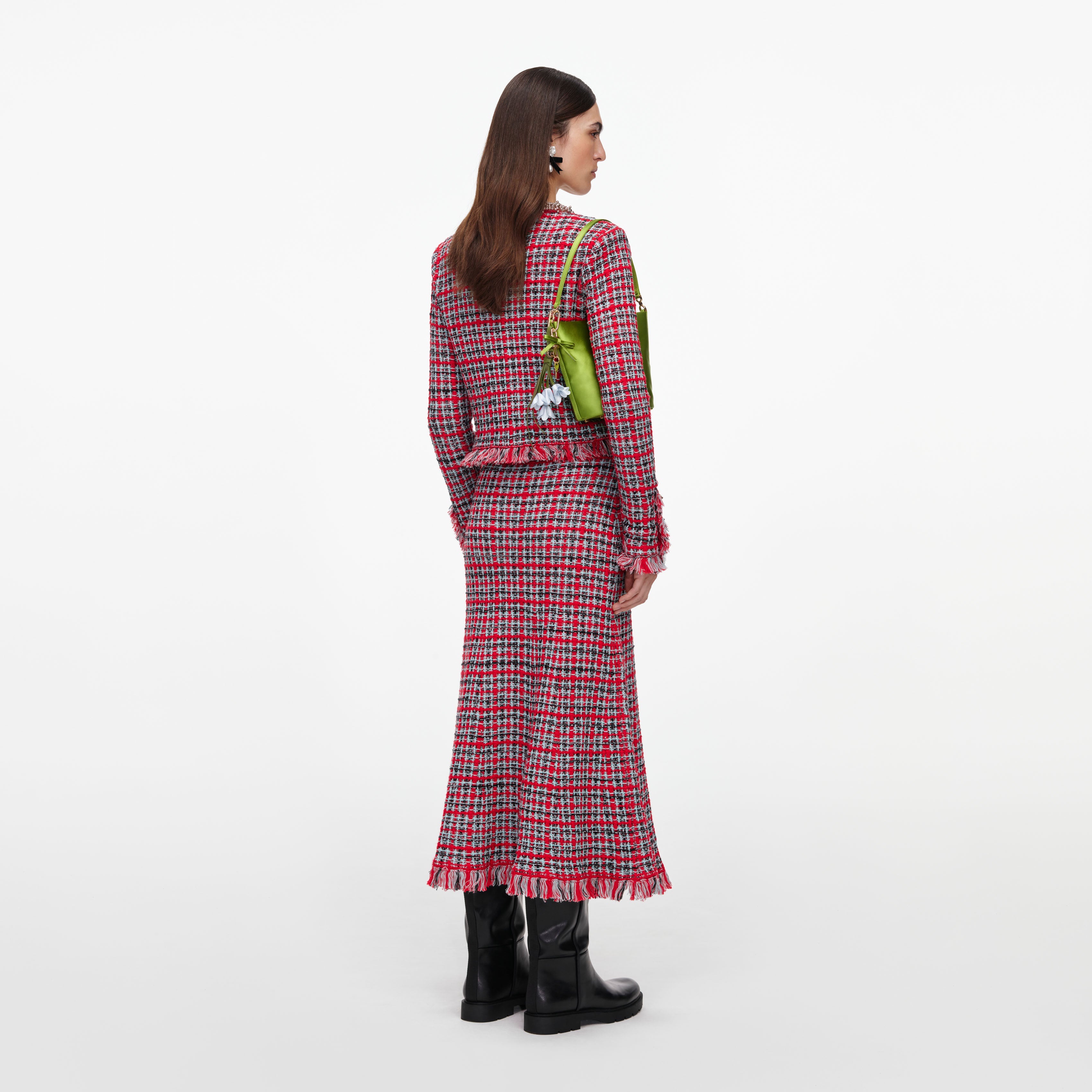 Red Check Frayed Knit Midi Skirt