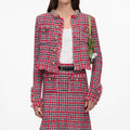 Red Check Frayed Knit Midi Skirt