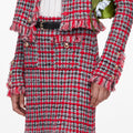 Red Check Frayed Knit Midi Skirt
