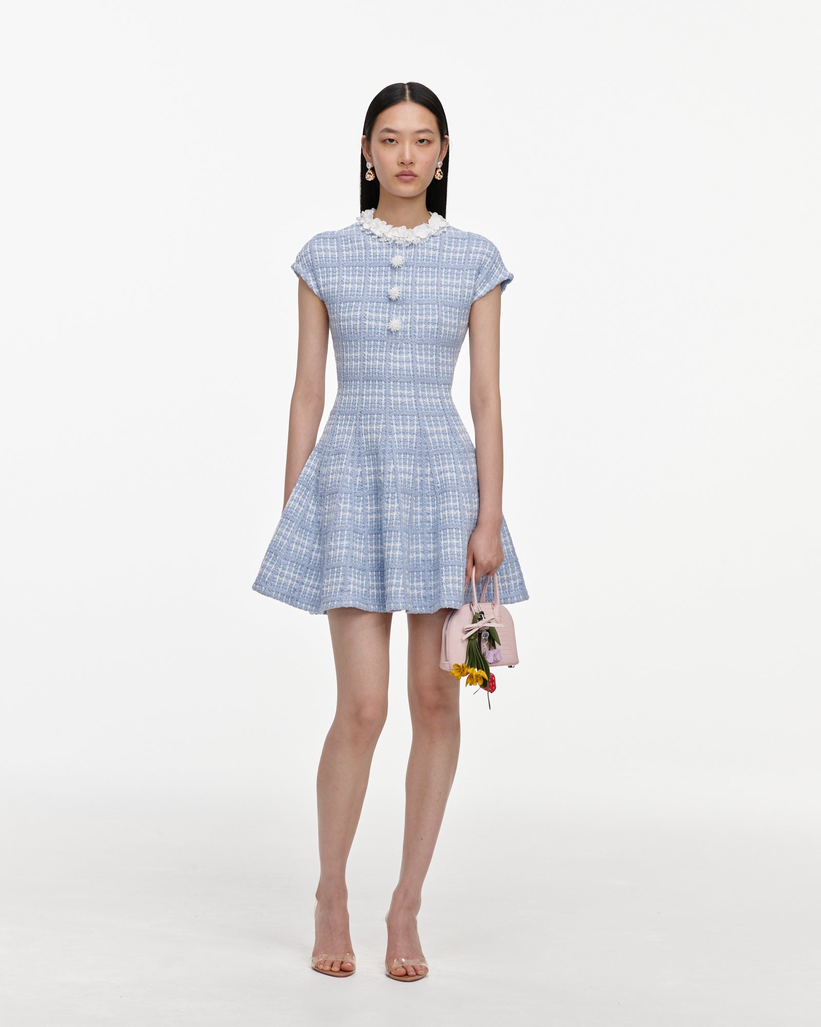 Blue Check Knit Beaded Mini Dress