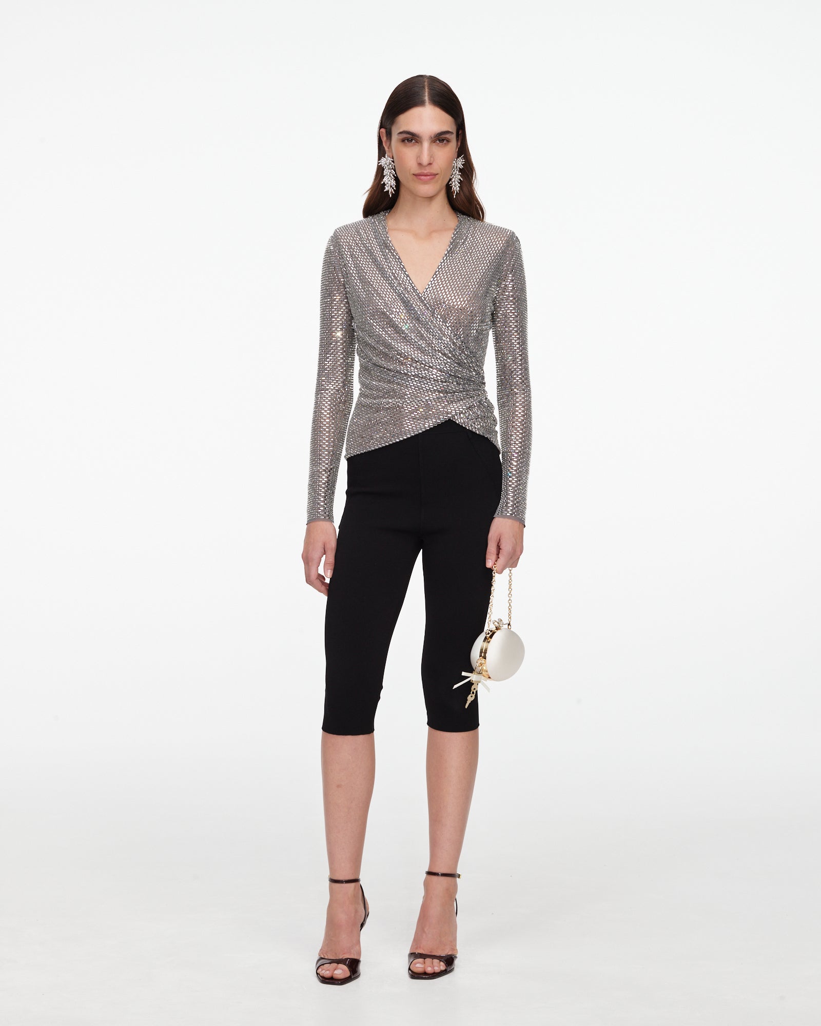 Grey Rhinestone Mesh Wrap Top