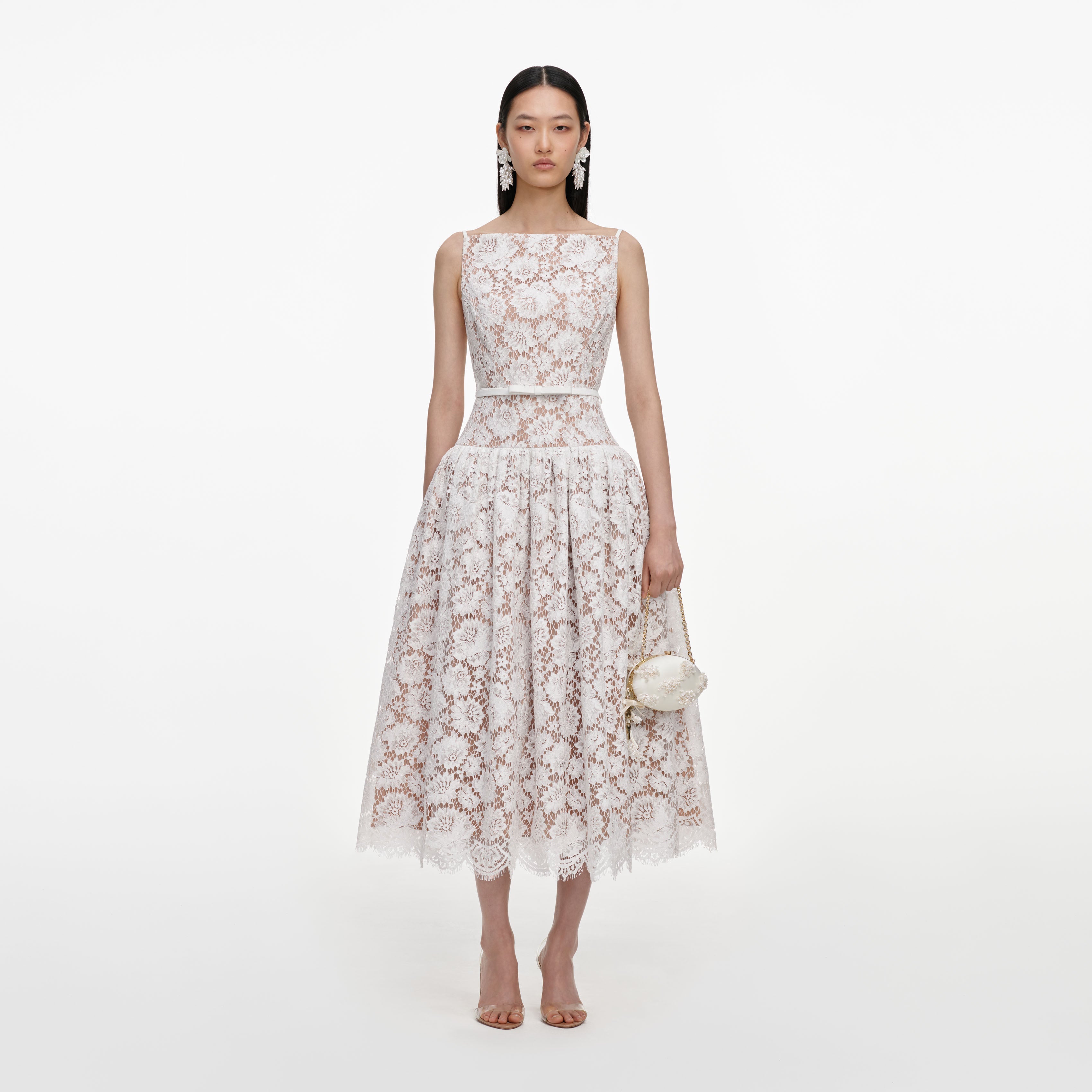 White Flower Lace Midi Dress – self-portrait-EU