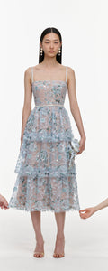 Blue Sequin Embellished Tiered Midi Dress