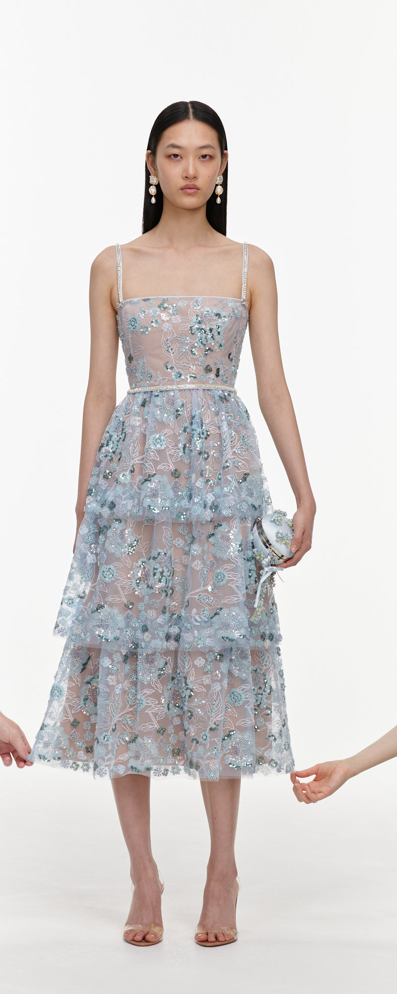 Blue Sequin Embellished Tiered Midi Dress