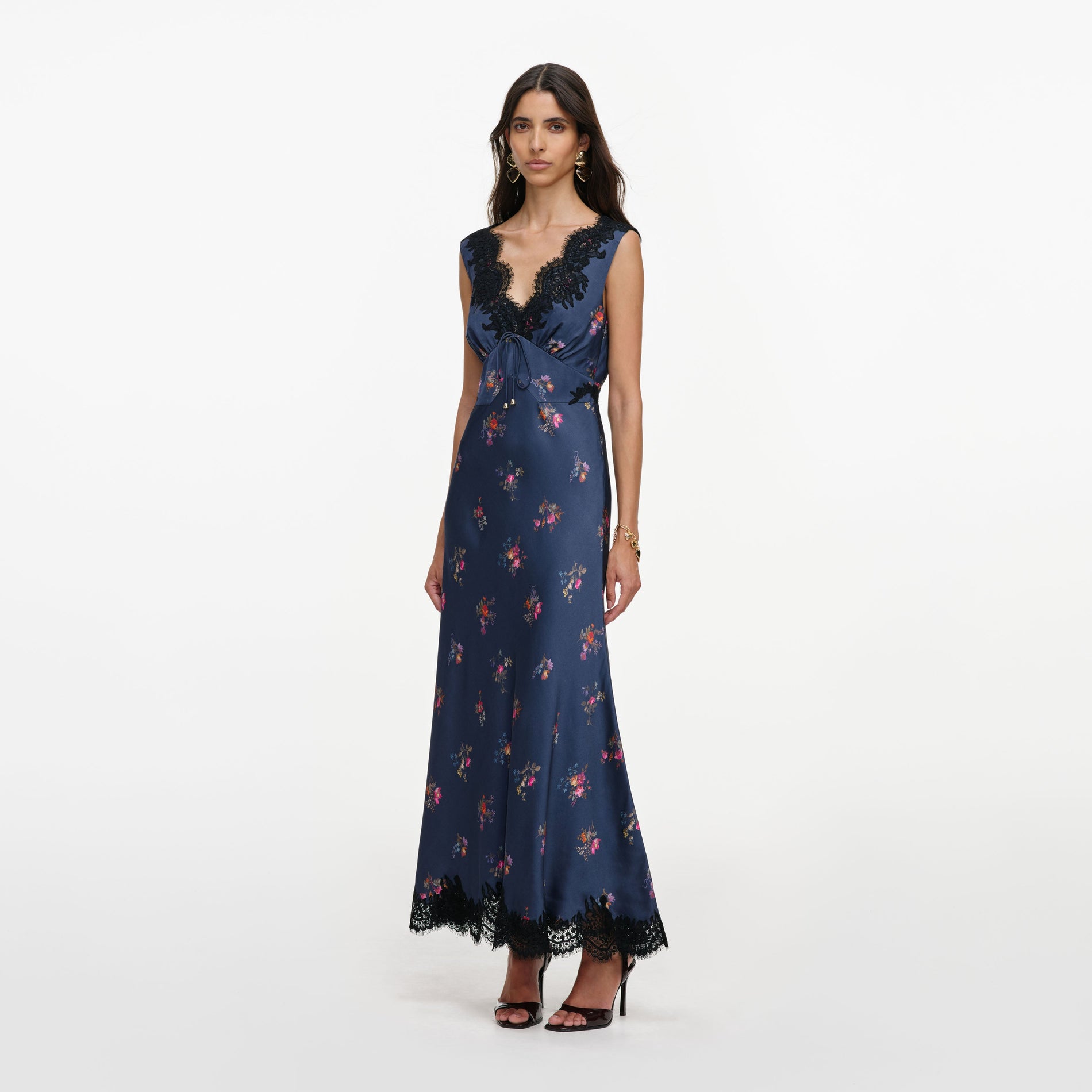 Navy Satin Printed Lace Midi Dress