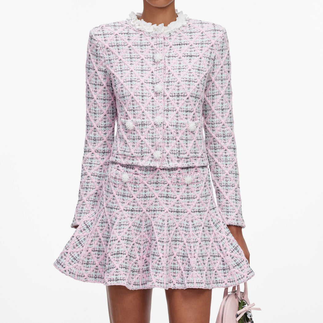 Pink and blue tweed jacket and skirt set with pearl buttons and ruffled collar