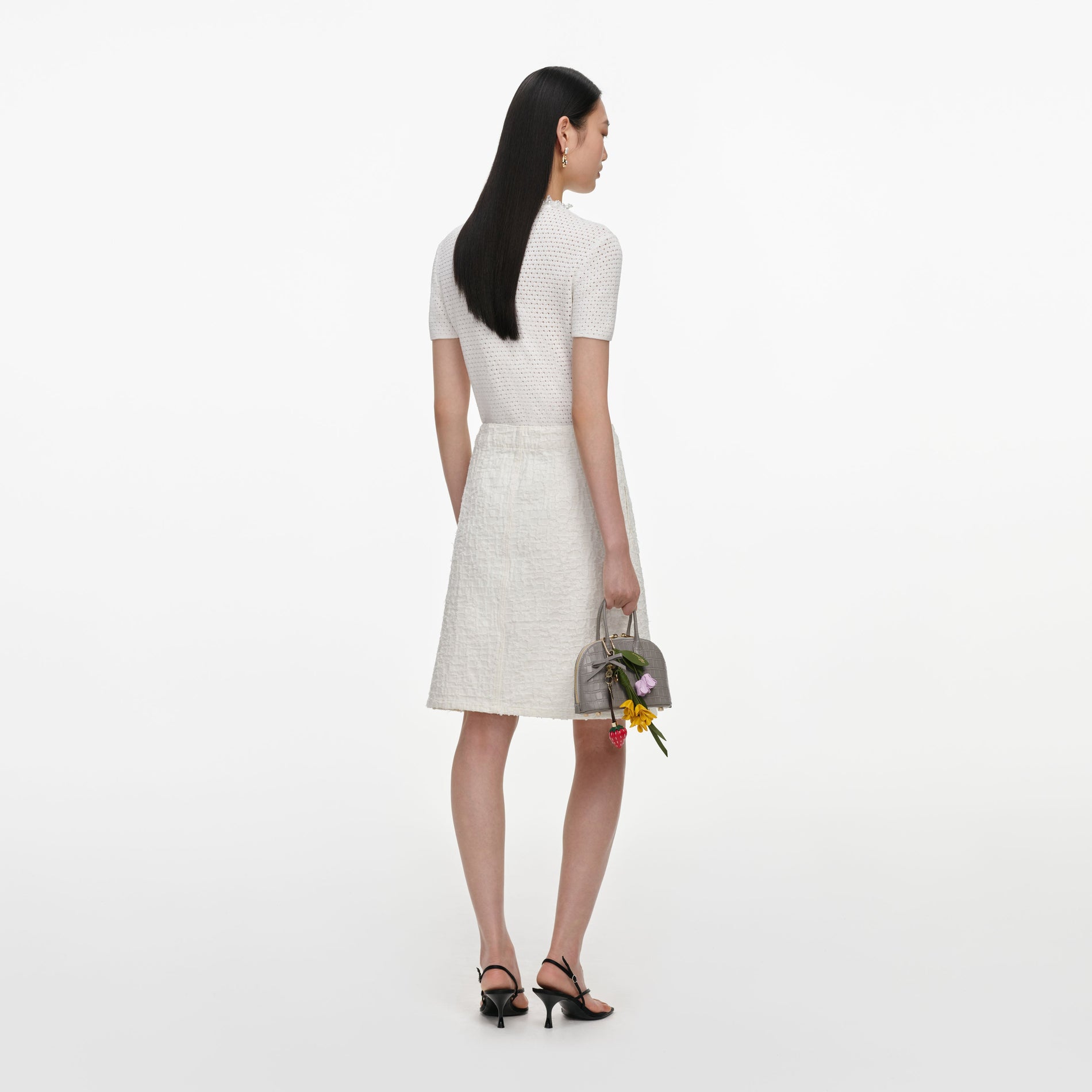 Cream Textured Denim Midi Skirt