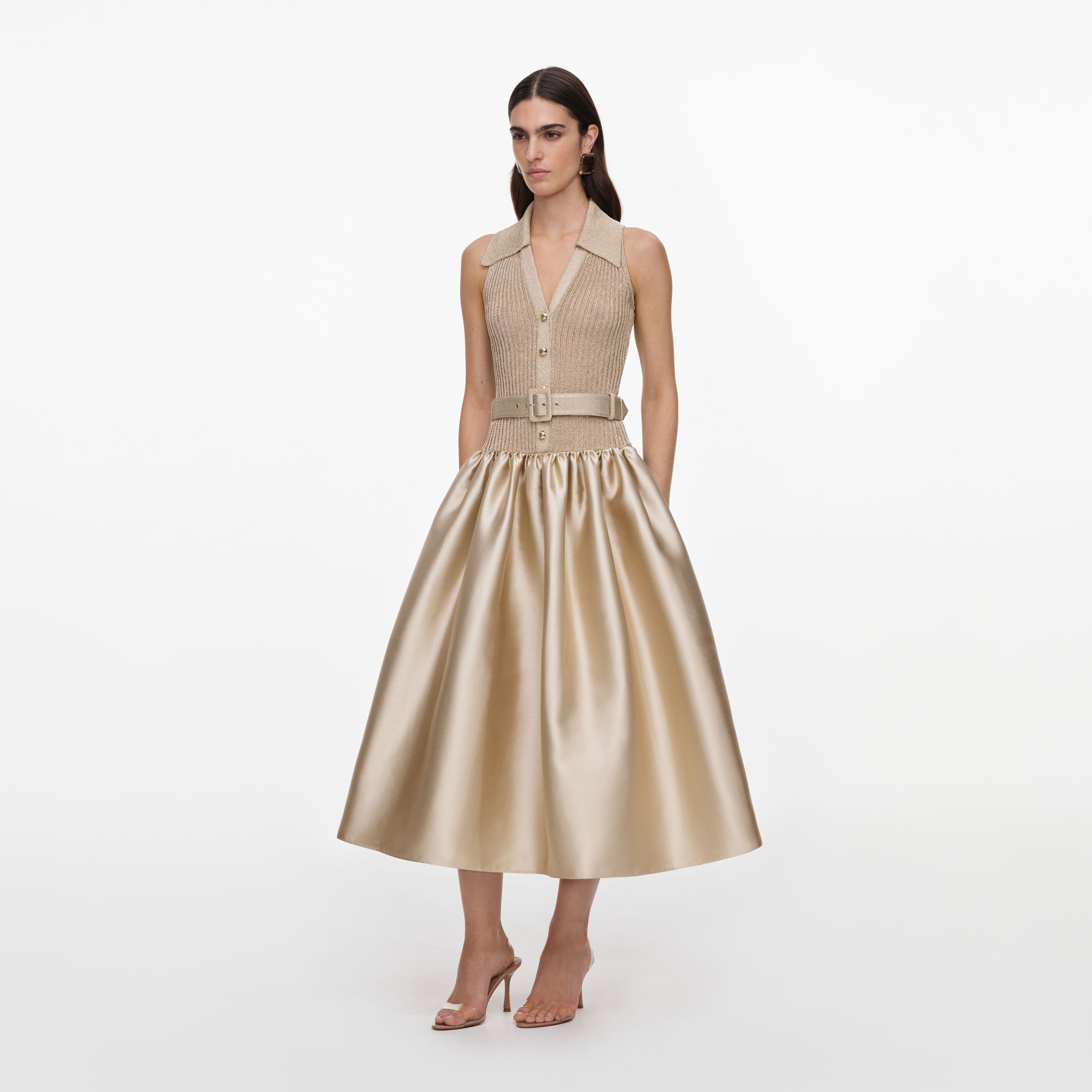 Gold Sleeveless Knit Taffeta Midi Dress