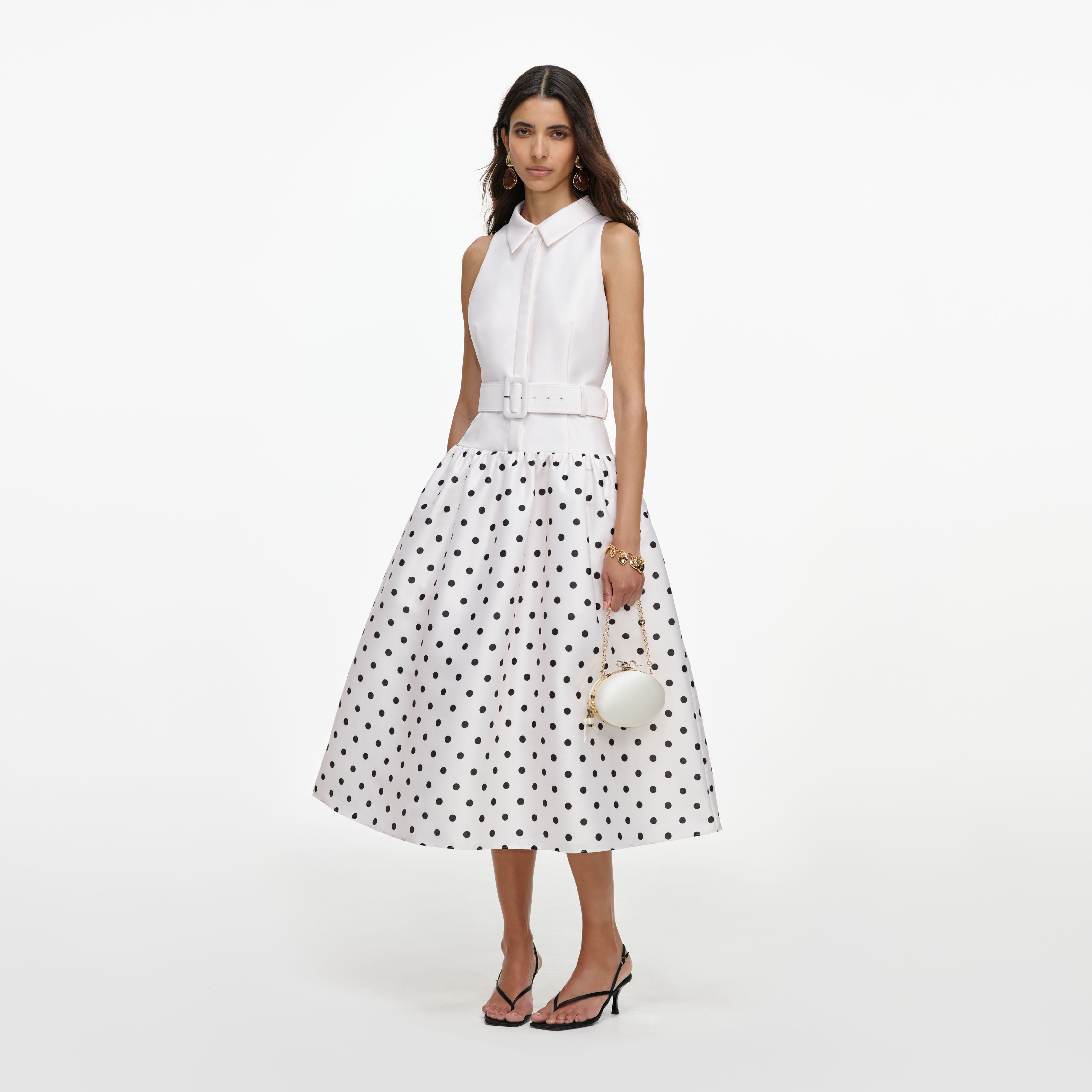 White Sleeveless Polka Dot Midi Dress