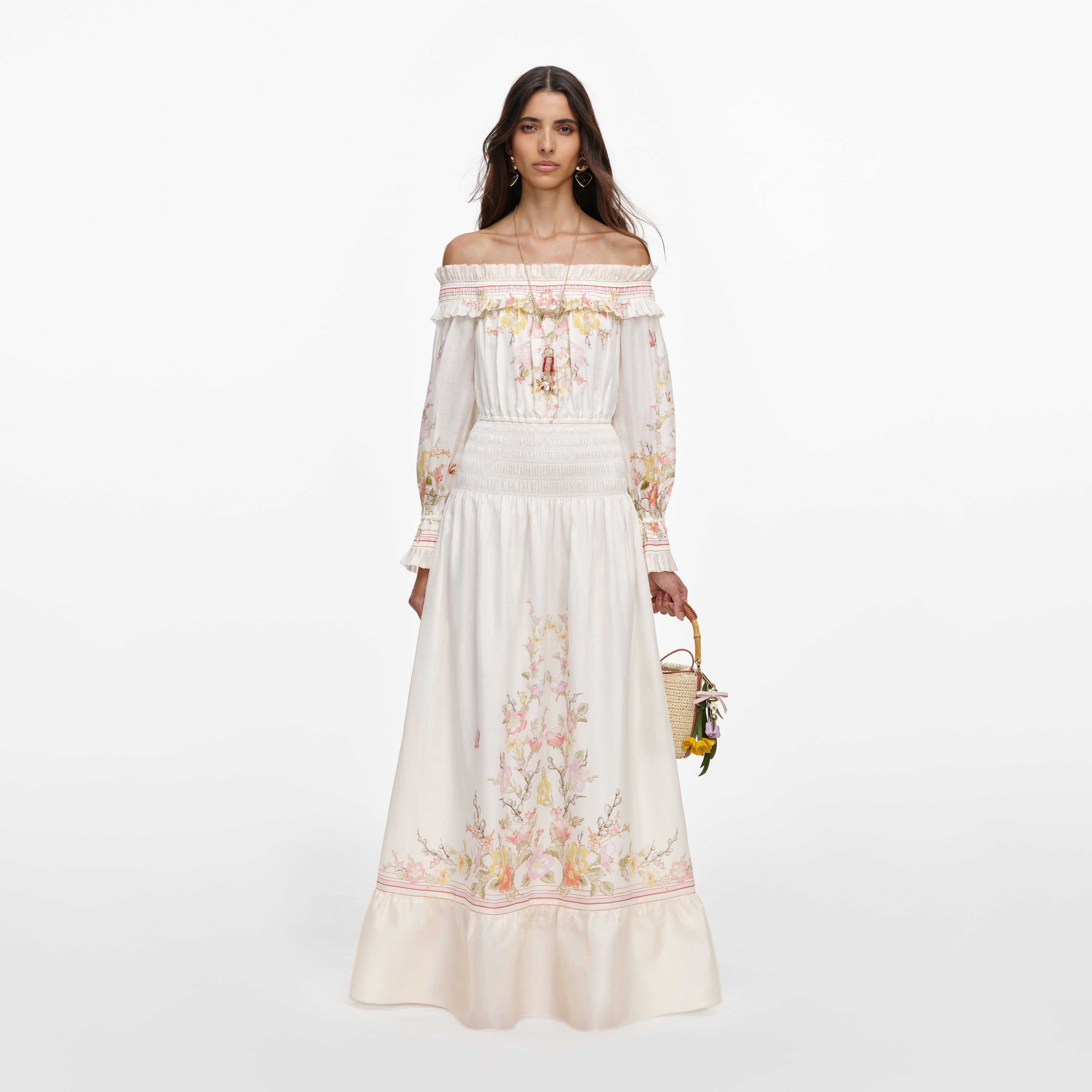 Cream Floral Organza Ruffle Maxi Dress