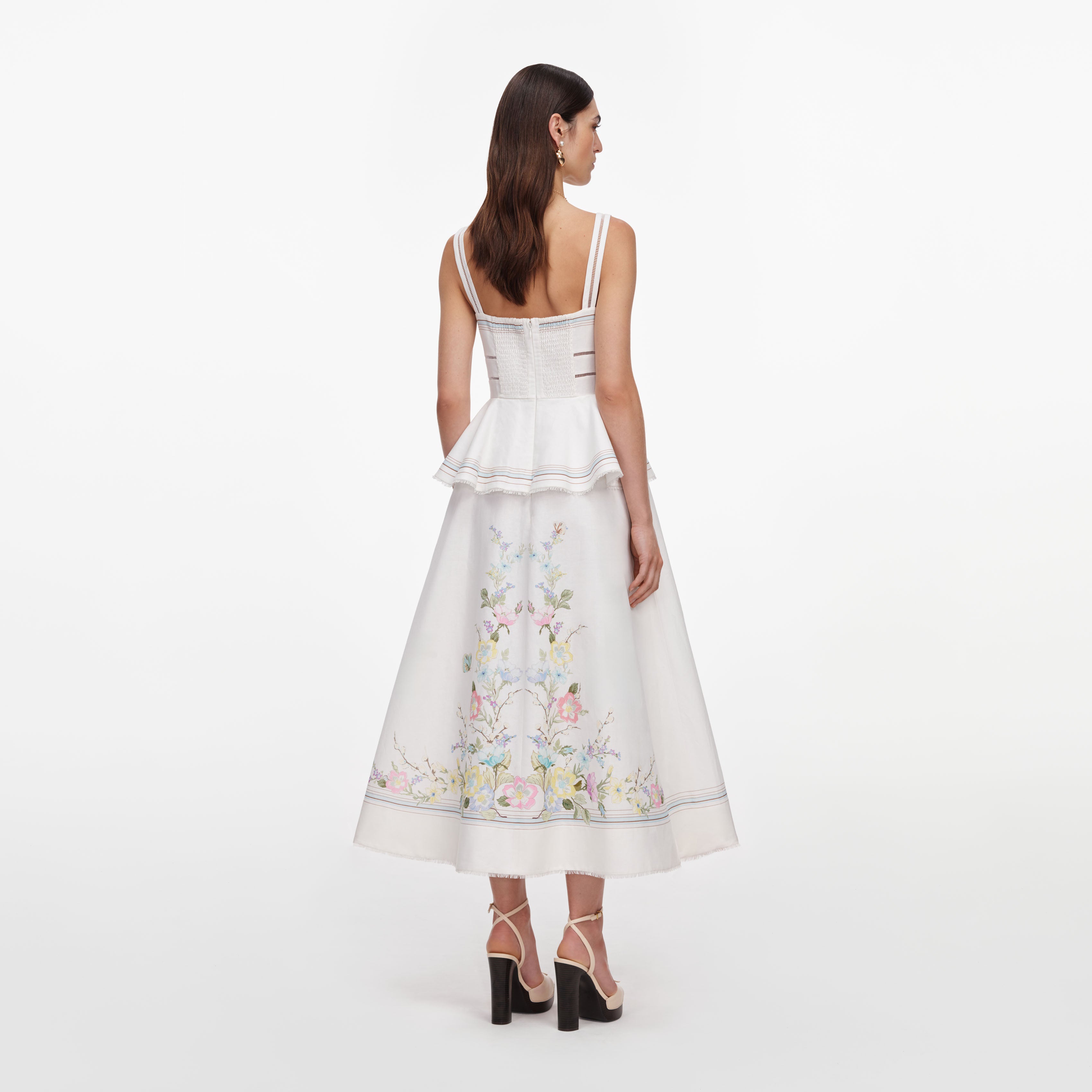 White Floral Linen Blend Peplum Midi Dress – self-portrait-EU