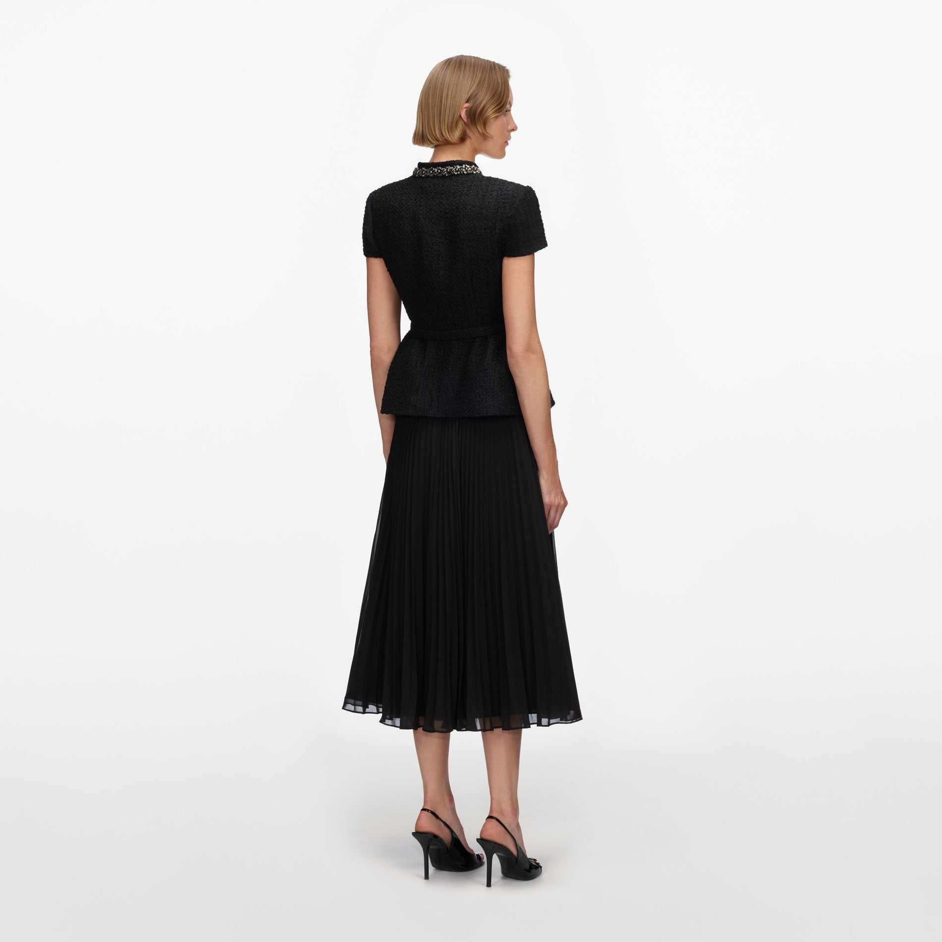 Black Boucle Crystal Trim Chiffon Midi Dress