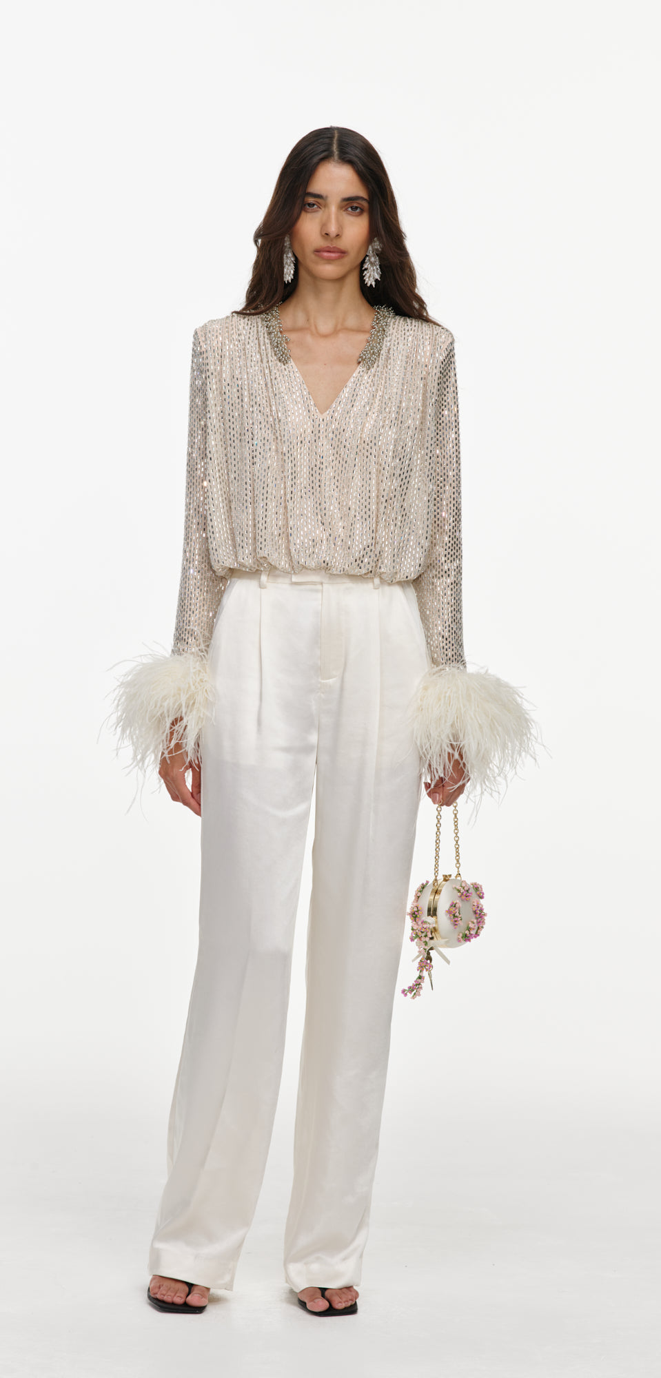 Champagne Rhinestone Embellished Feather Top