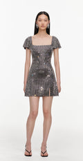 Grey Rhinestone Mesh Mini Dress