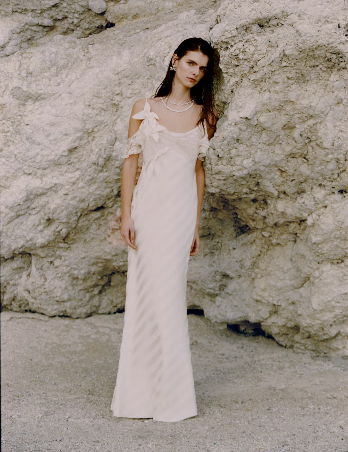 Cream Satin Striped Maxi Dress