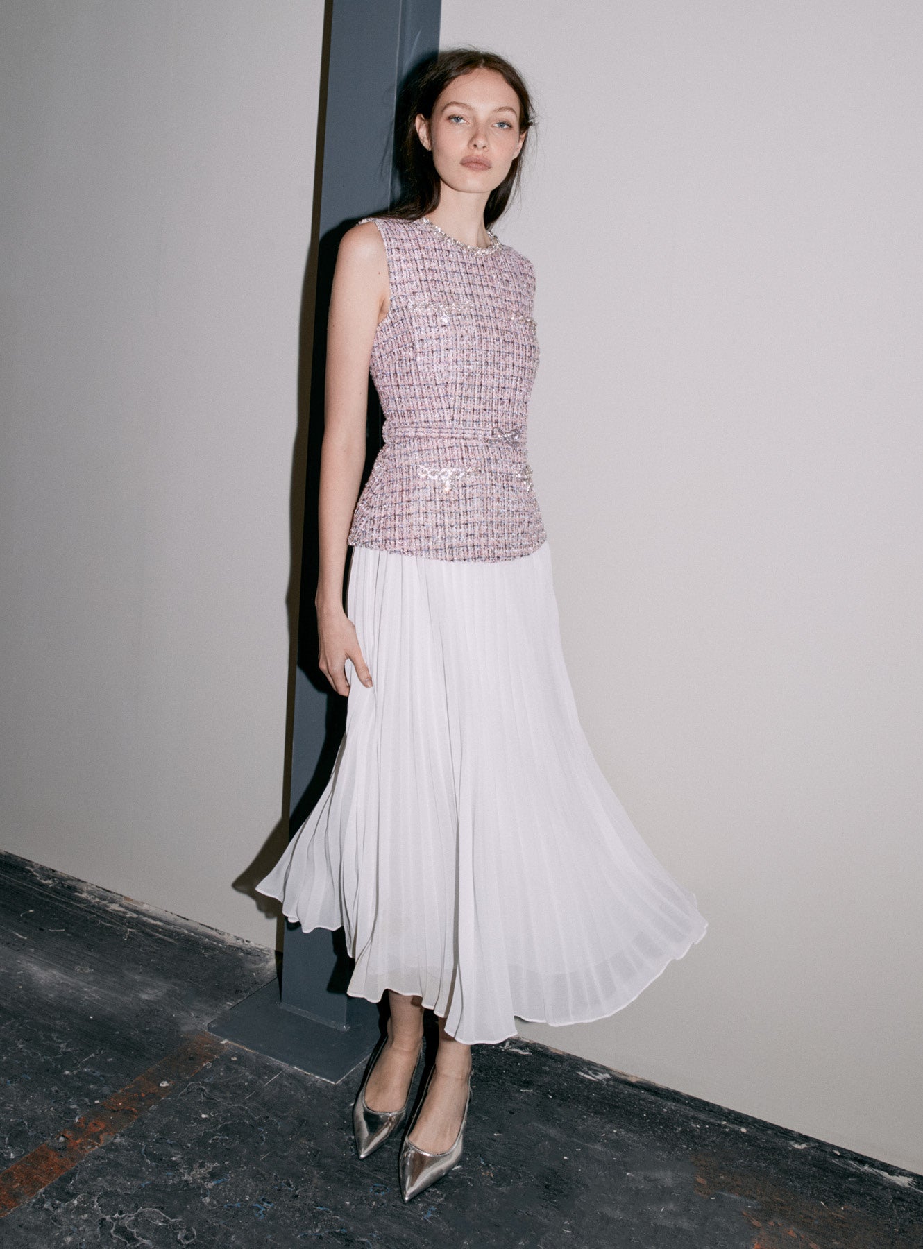 Pink Boucle Chiffon Midi Dress