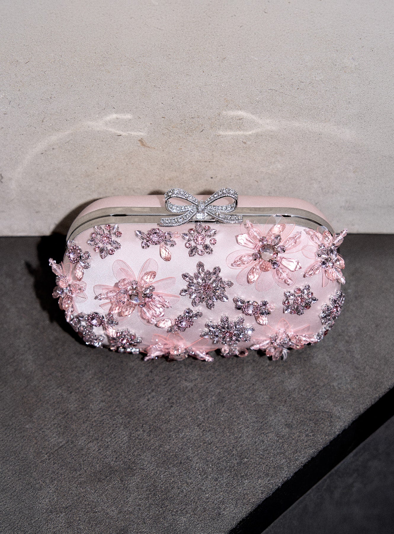 Pink Satin Floral Crystal Clutch
