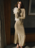 Champagne Rhinestone Feather Midi Dress
