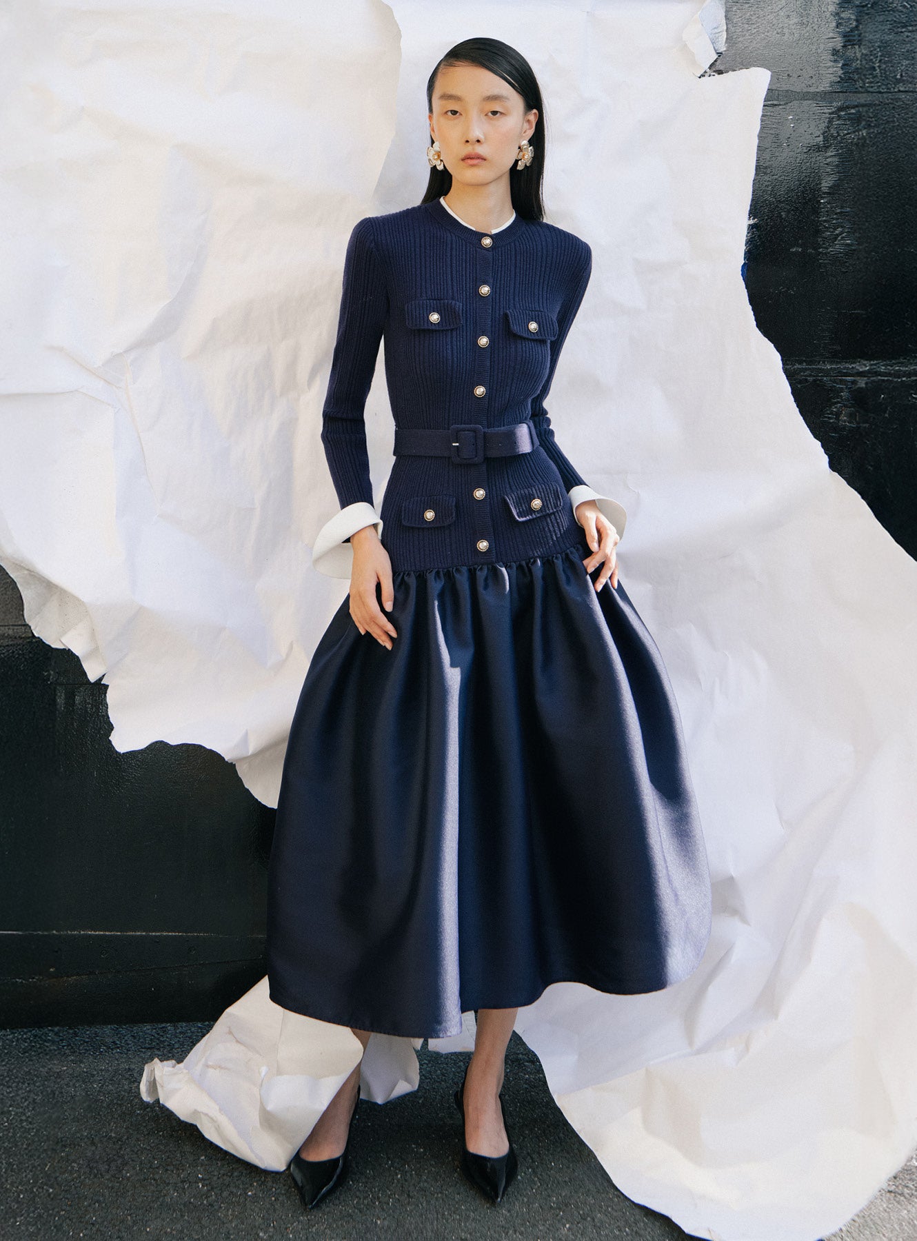 Navy Knit Taffeta Midi Dress – self-portrait-EU