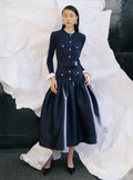 Navy Knit Taffeta Midi Dress