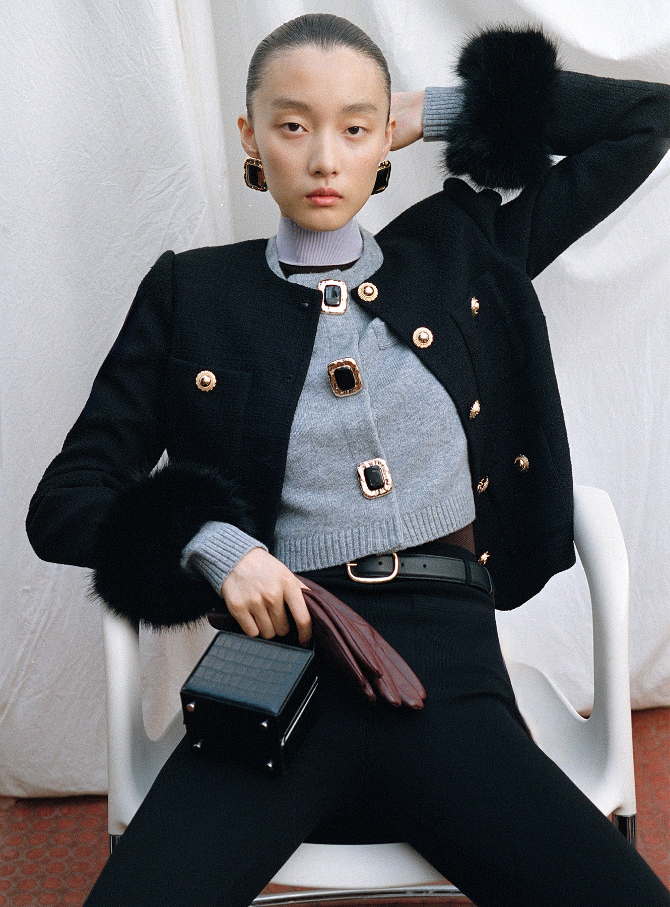 Black Boucle Fur Cuff Jacket