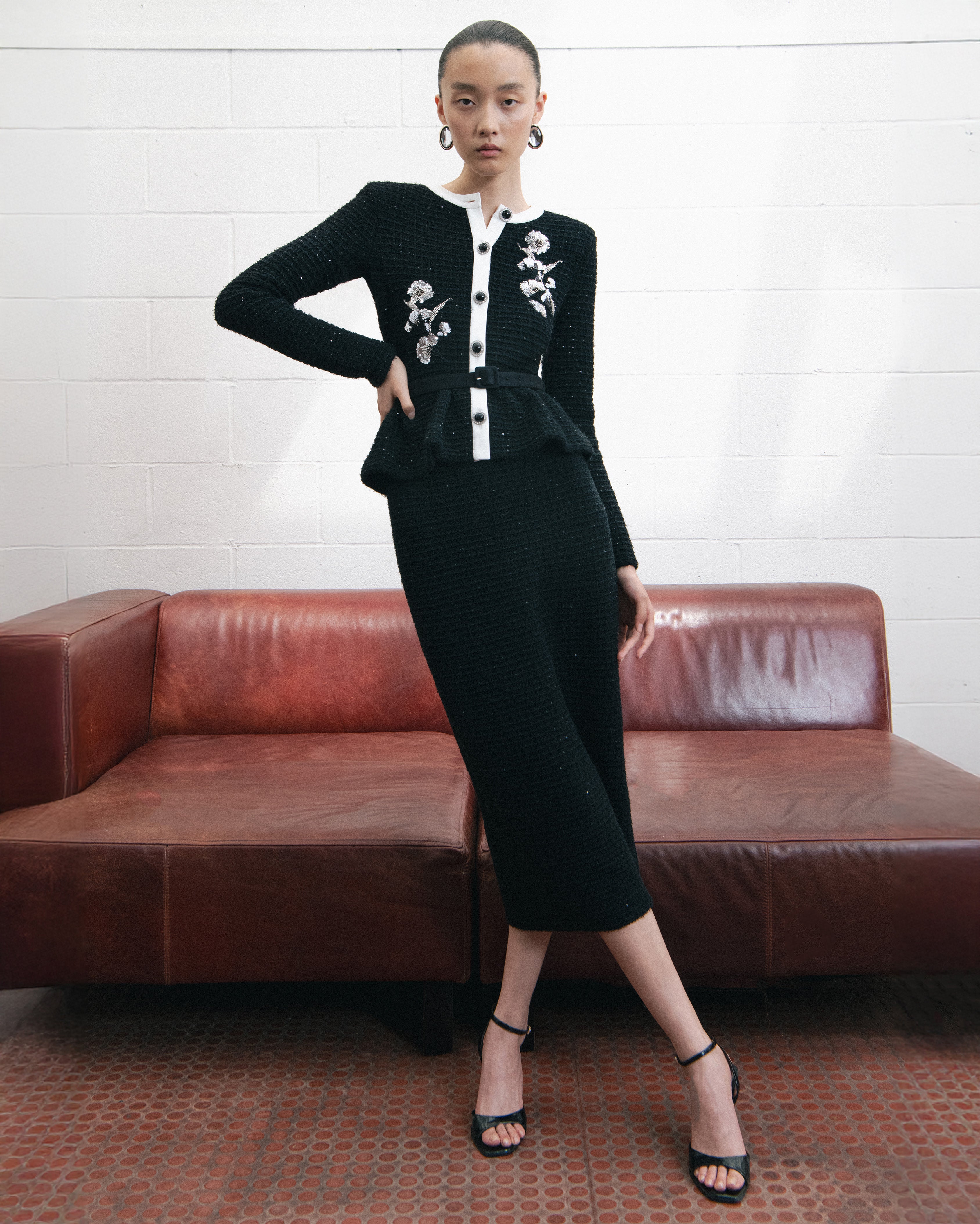 Black Floral Textured Knit Midi Dress