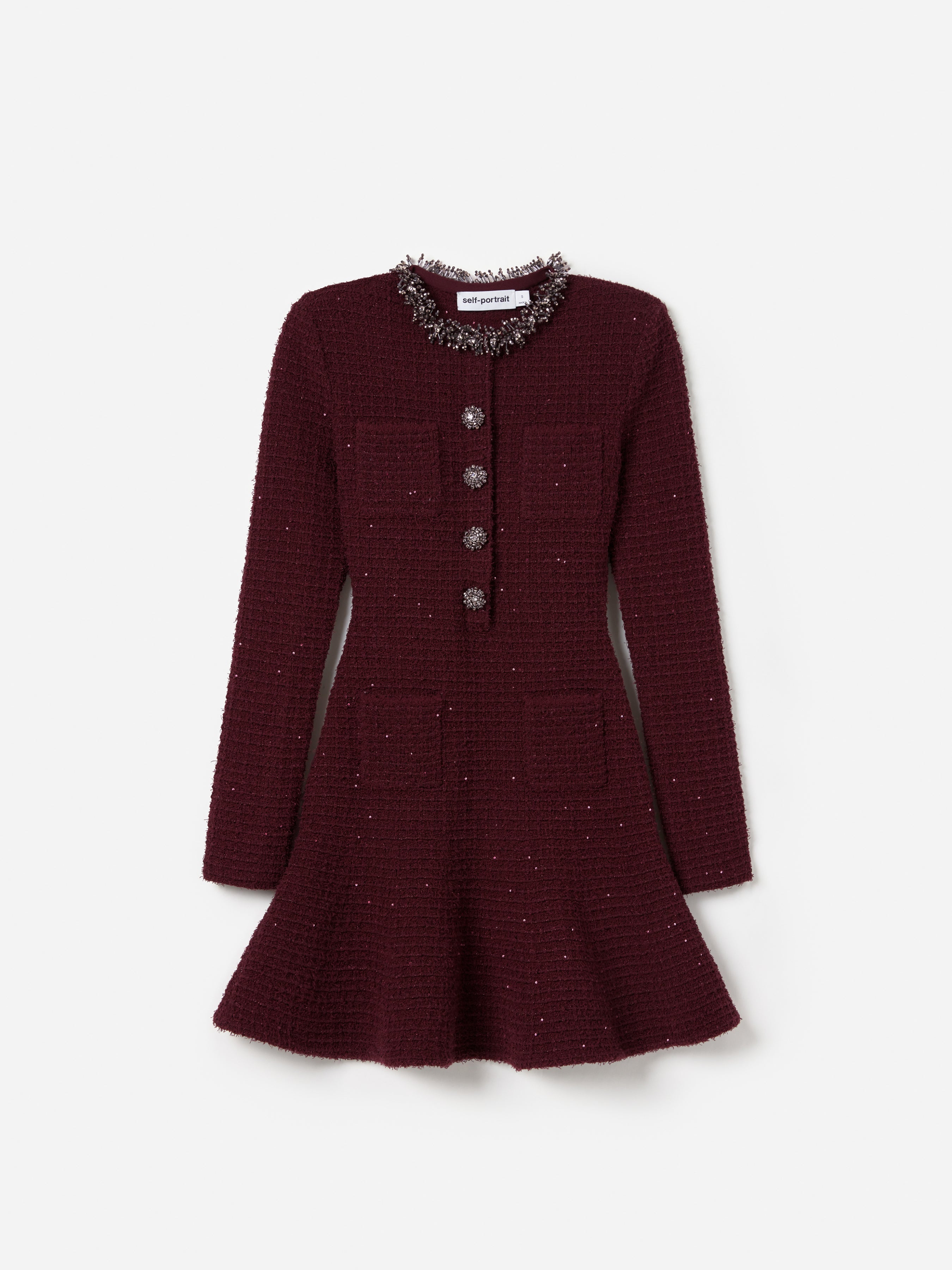 Burgundy Textured Knit Embellished Mini Dress