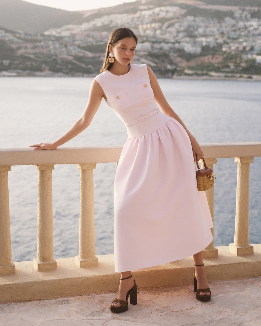 Pink Taffeta Belted Midi Dress – self-portrait-EU