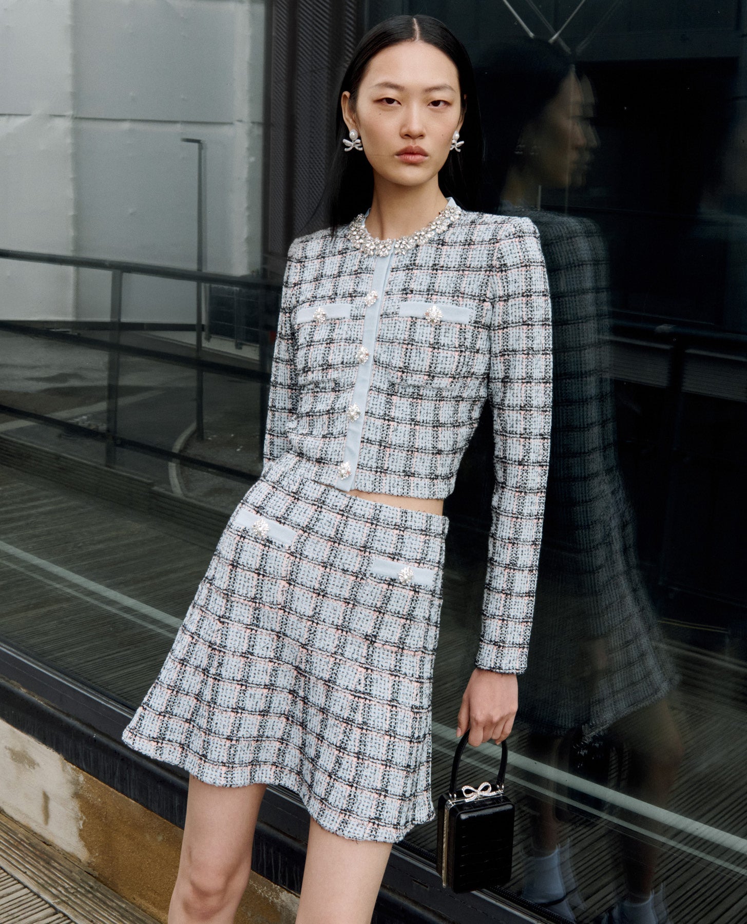self portrait houndstooth mini dress Blue Check Knit Mini Dress – self-portrait-EU