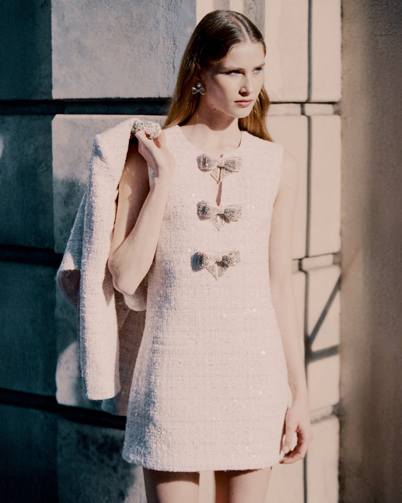 Pink Sequin Boucle Bow Mini Dress