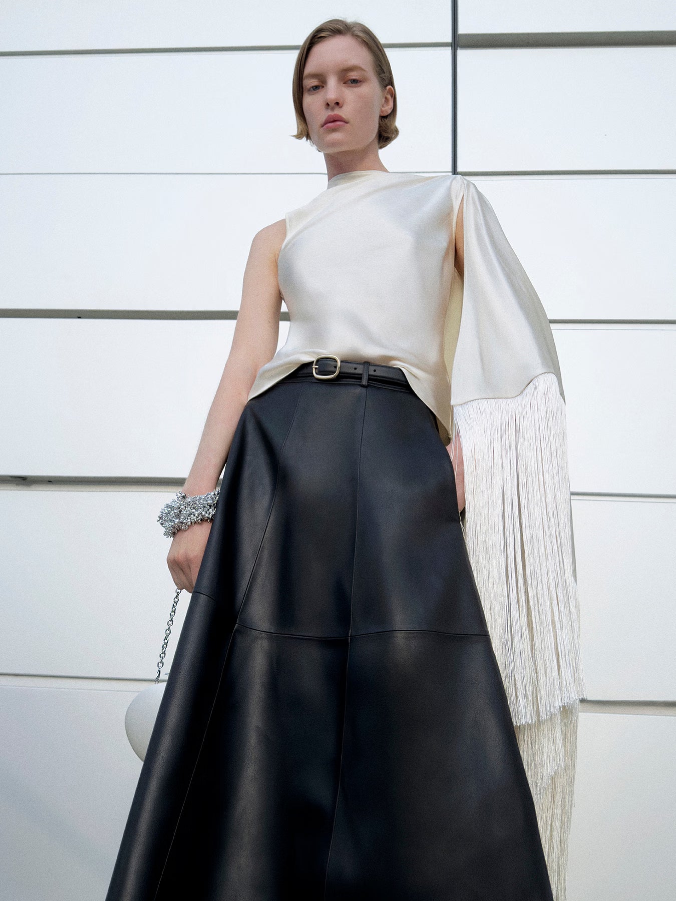 Cream Satin Fringed Scarf Top