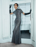 Gunmetal Rhinestone Mesh Maxi Dress
