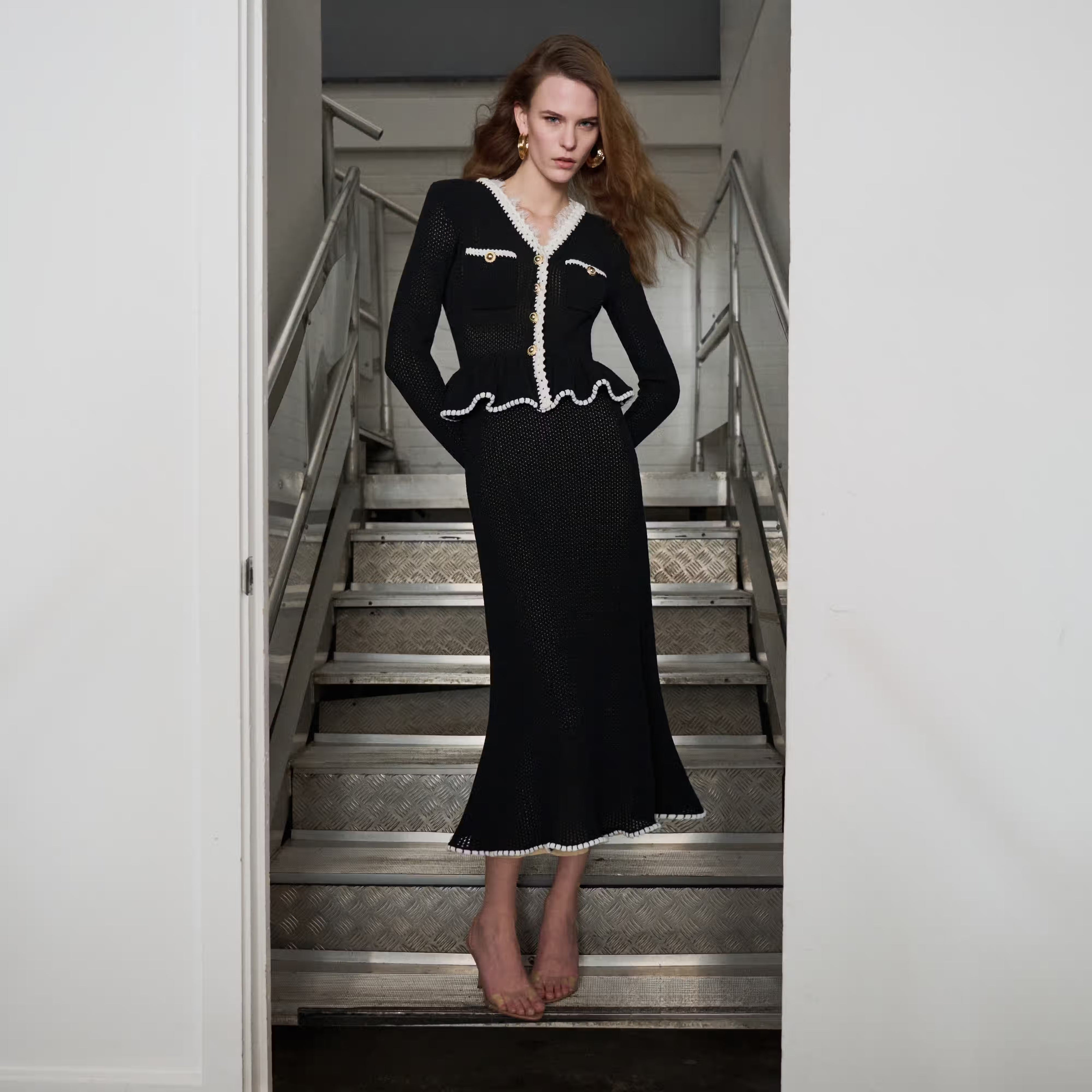 Black Lace Insert Peplum Knit Midi Dress