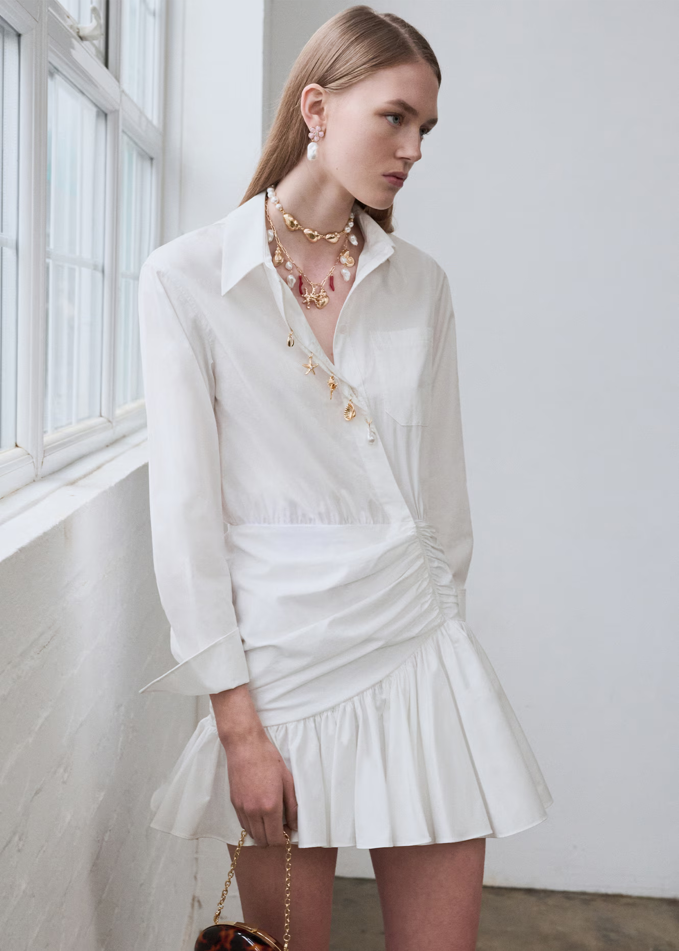 White Cotton Gathered Mini Dress