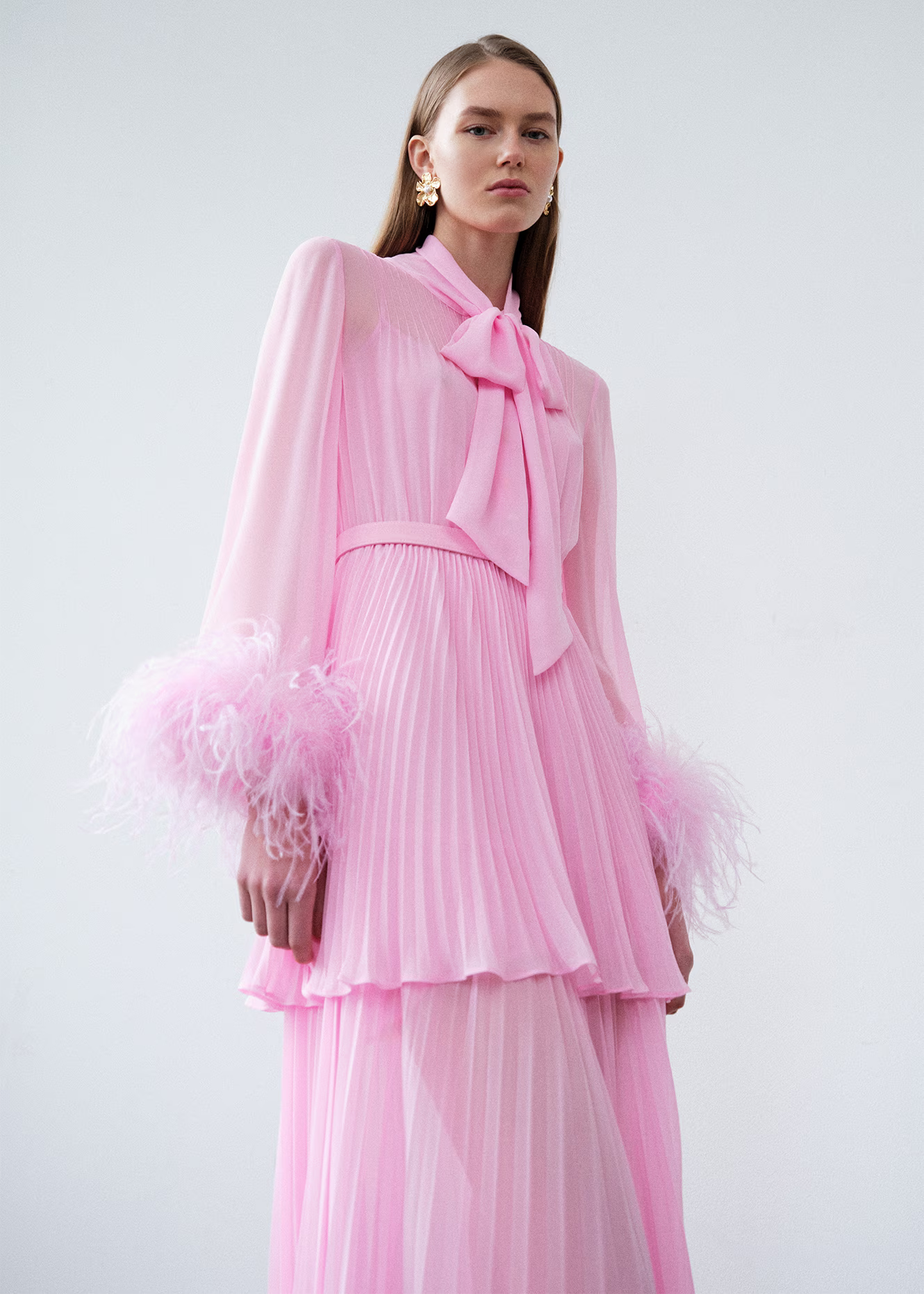 Pink Georgette Feather Cuff Maxi Dress