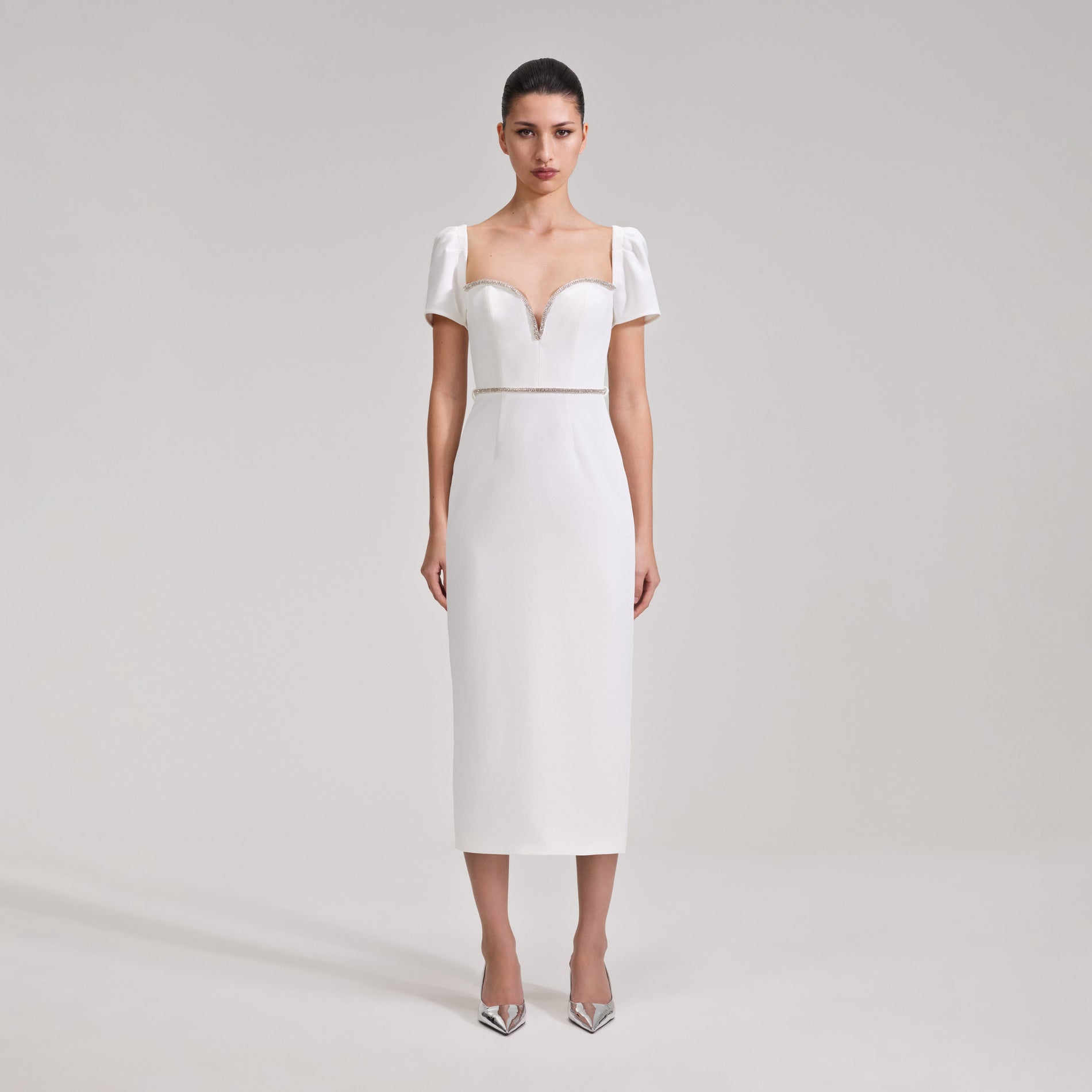 A woman wearing the White Diamante Trim Split Midi Dress