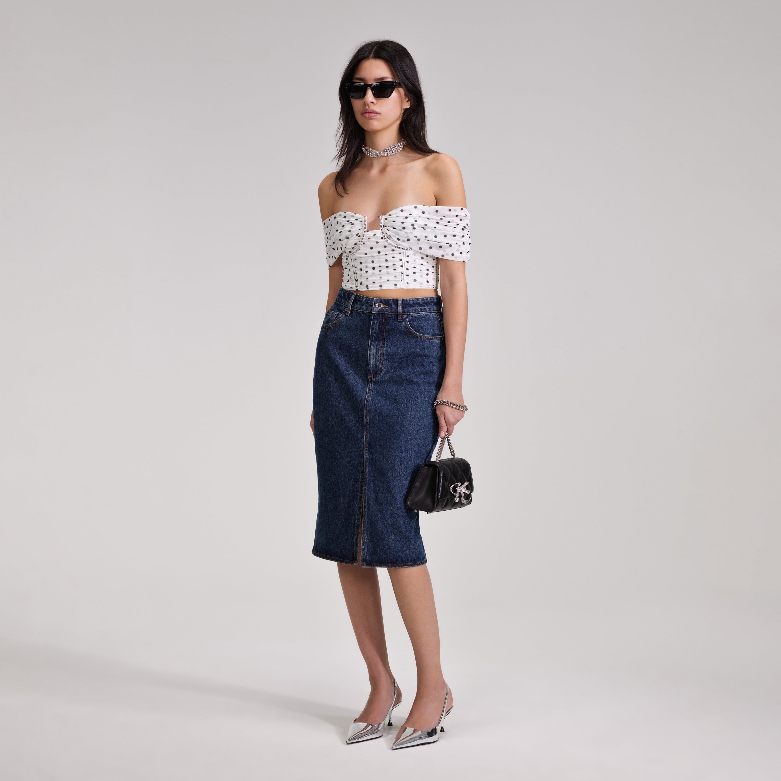 Polka Dot Off Shoulder Mesh Top