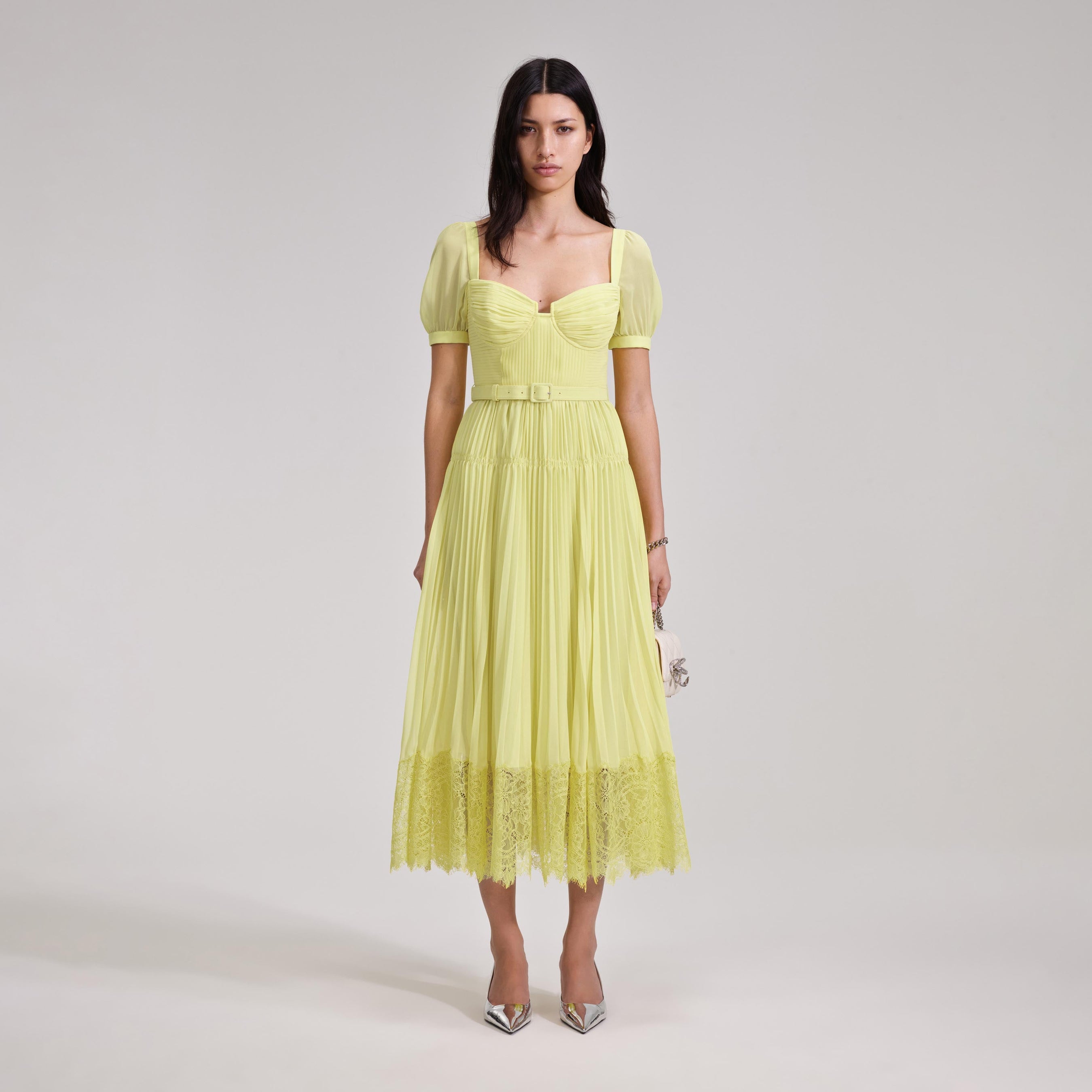 Yellow Chiffon Lace Detail Midi Dress